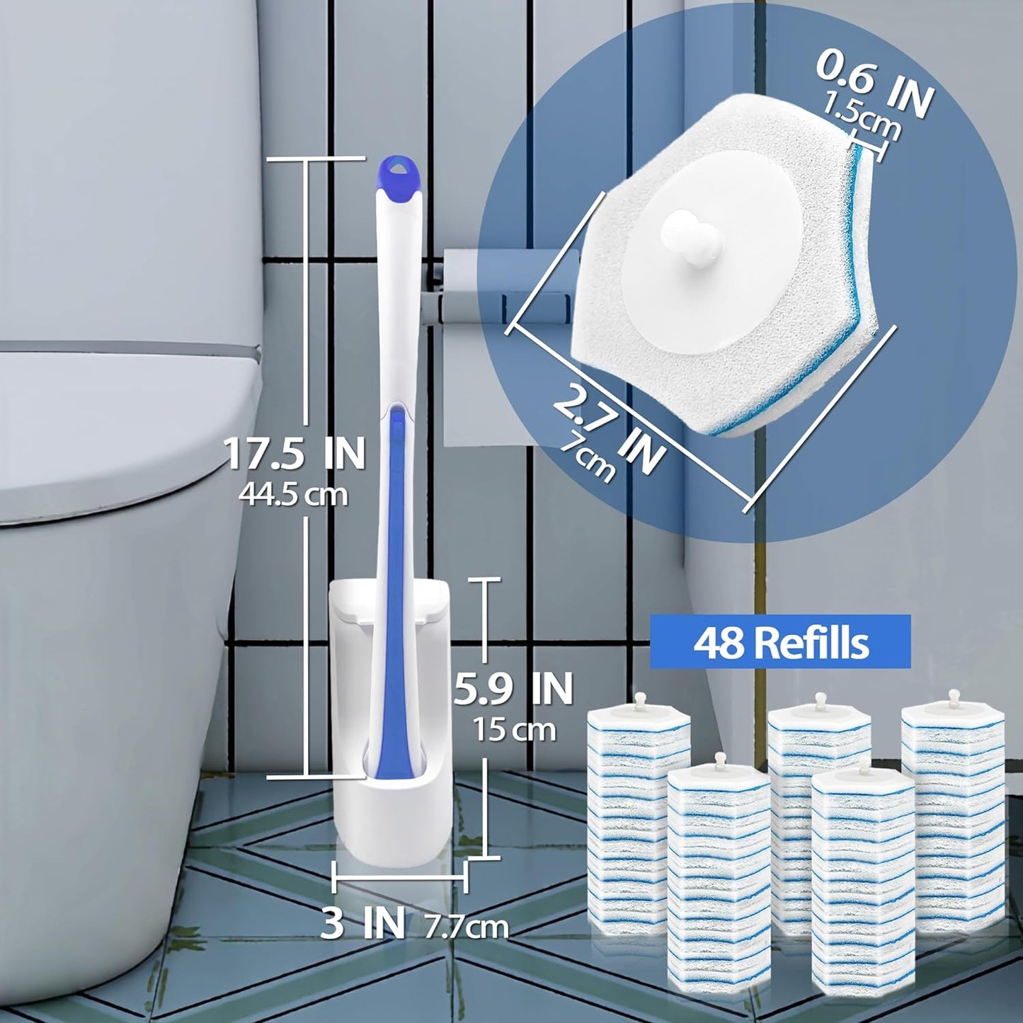 JEHONN Disposable Toilet Brush with 48 Wand Cleaner Refills, Wall Mounted Toilet Bowl Brush Holder