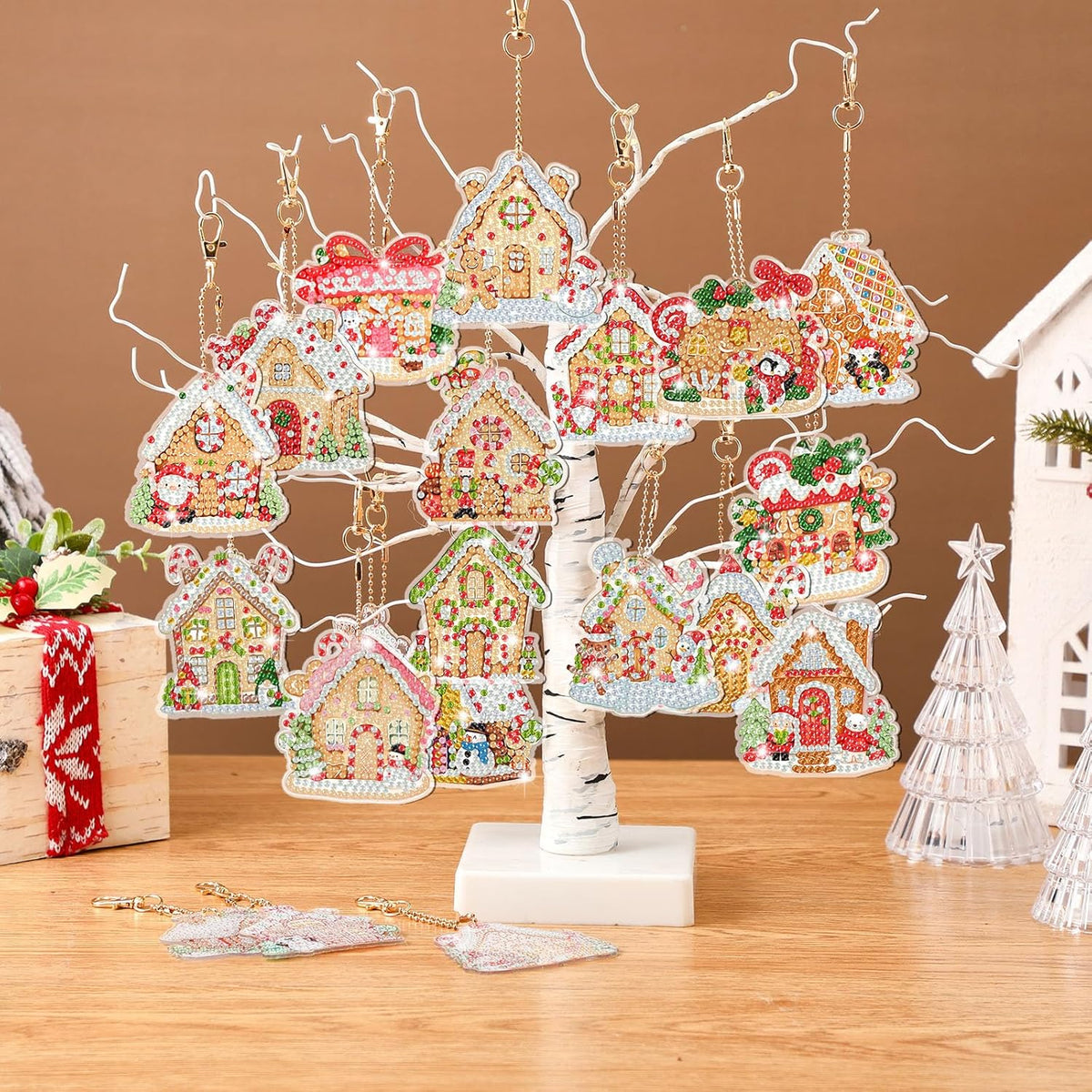 Tondiamo 20 Pcs Christmas Diamond Painting Keychain Kits 5D DIY Diamond Art Pendants Double Sided