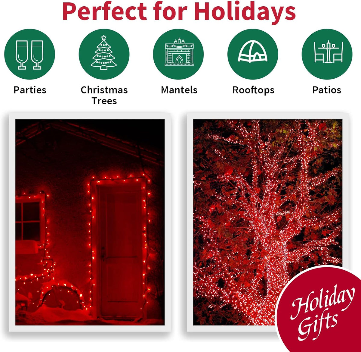 Red Wide Angle LED Christmas Lights, 64.8 Ft 300 Count, Pack of 3 Strands 21.9 Ft 100 Lights UL