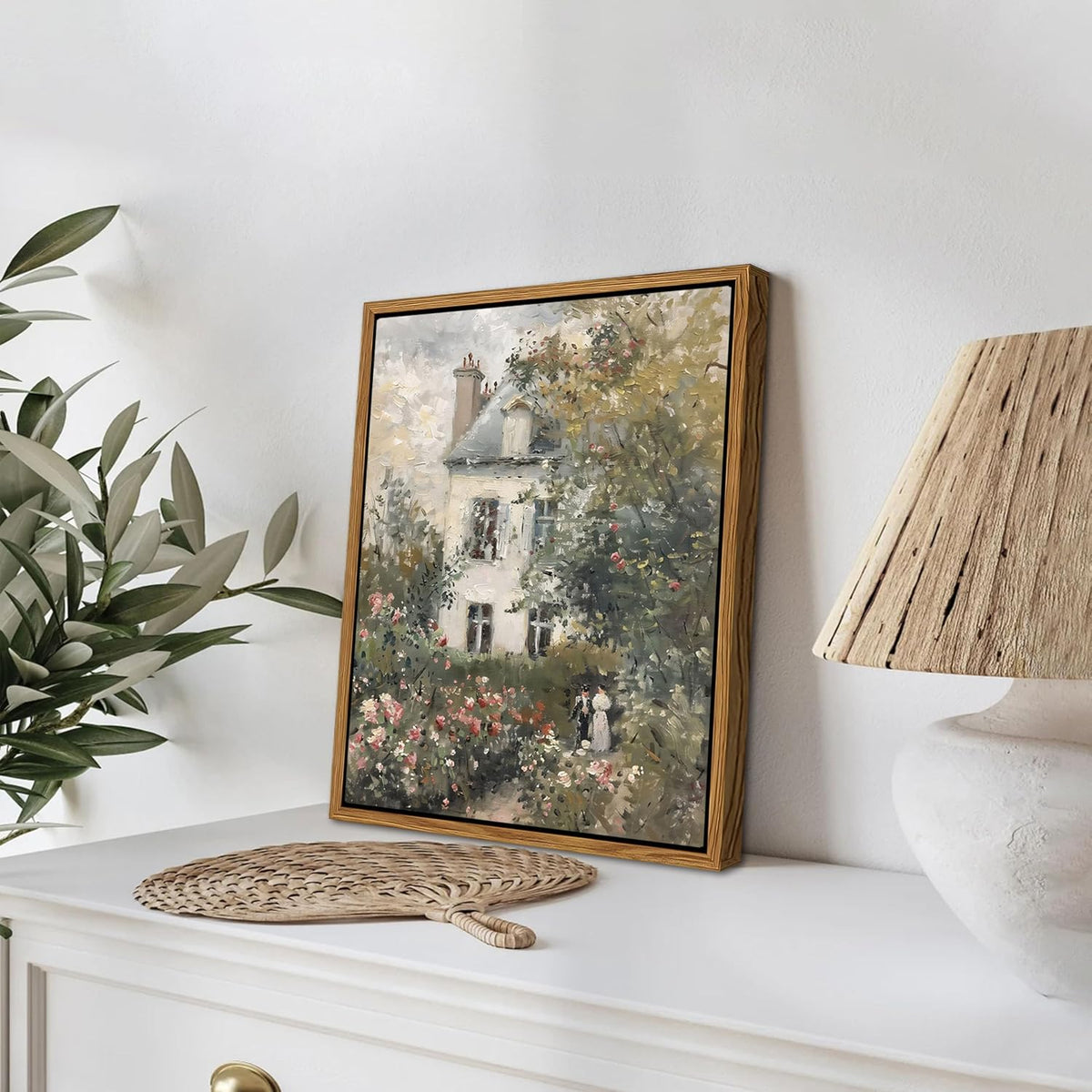 Floating Framed Canvas Vintage Wall Art, Neutral English Cottage Rose Garden Oil Paintings Print