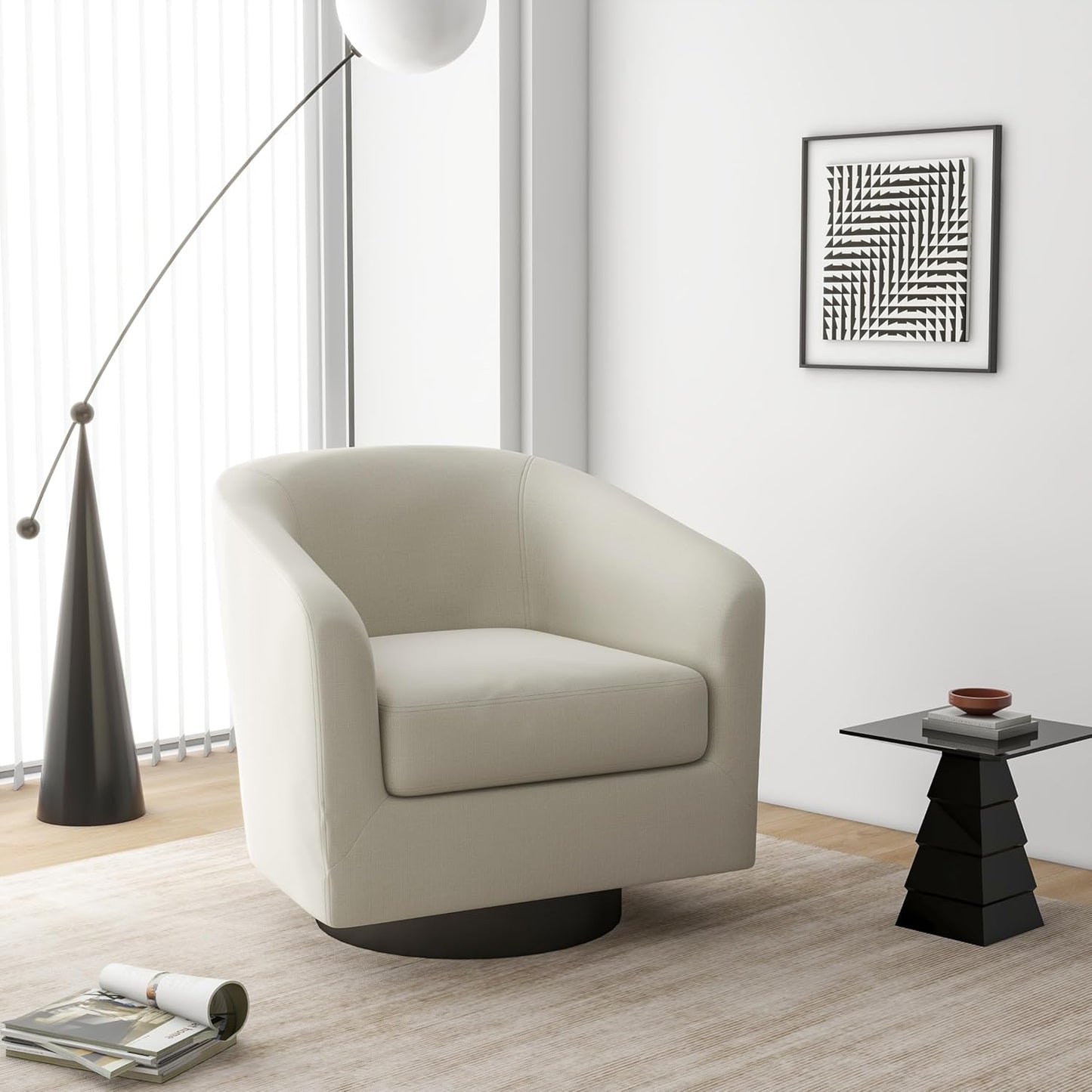 Swivel Barrel Accent Chair, Modern Round Linen Arm Chair for Living Room, Bedroom, Comfy Club
