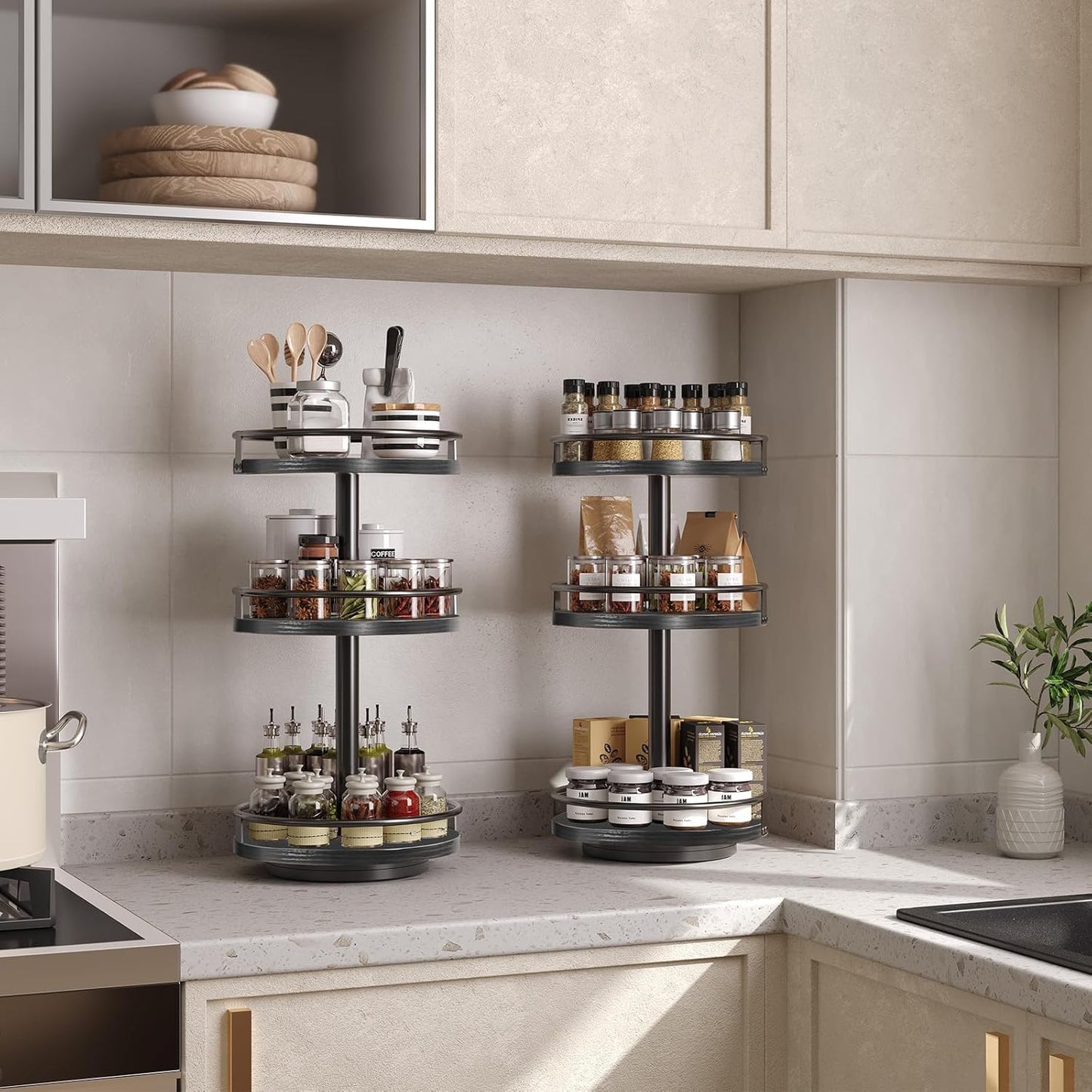 HOOBRO Lazy Susan Organizer, Rotating Spice Rack, 3-Tier Organizer, Turntable Spice Rack, Vertical