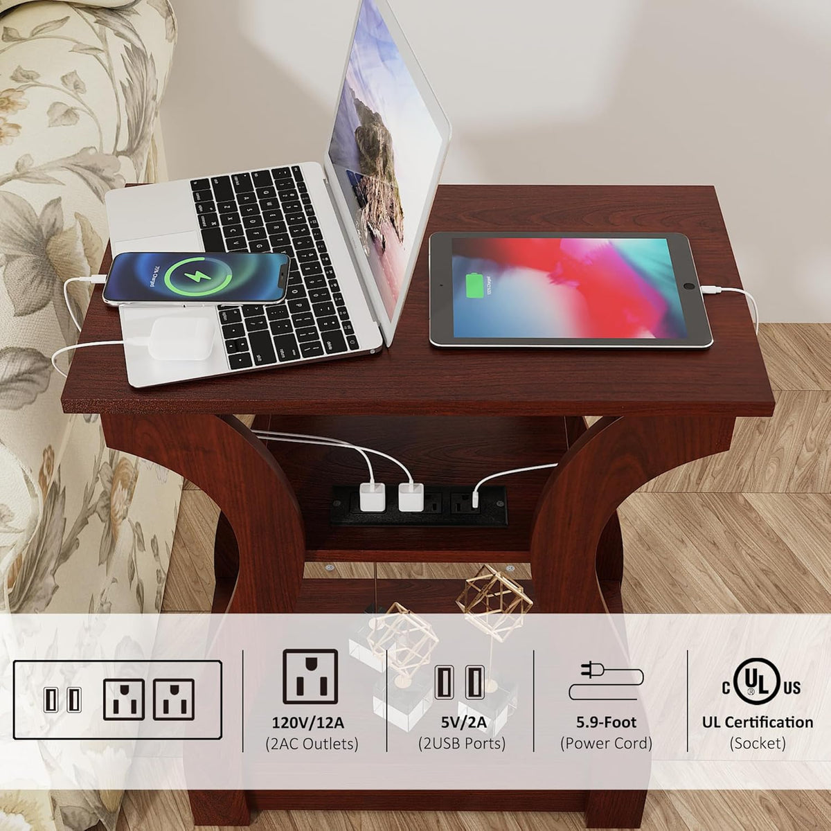 End Tables Living Room, Cherry End Table with Charging Station, Nightstand for Bedroom, 3 Tier End