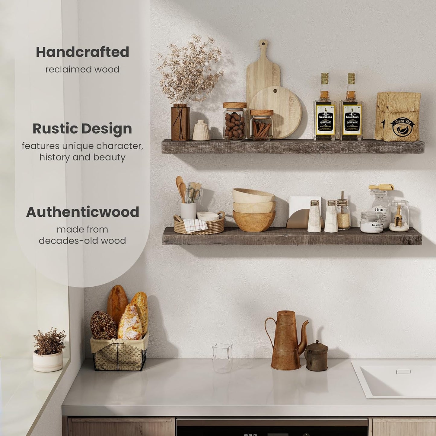 Floating Shelves Reclaimed Barnwood, 8" Deep Solid Wood Floating Shelf Wall Hanging Shelves with