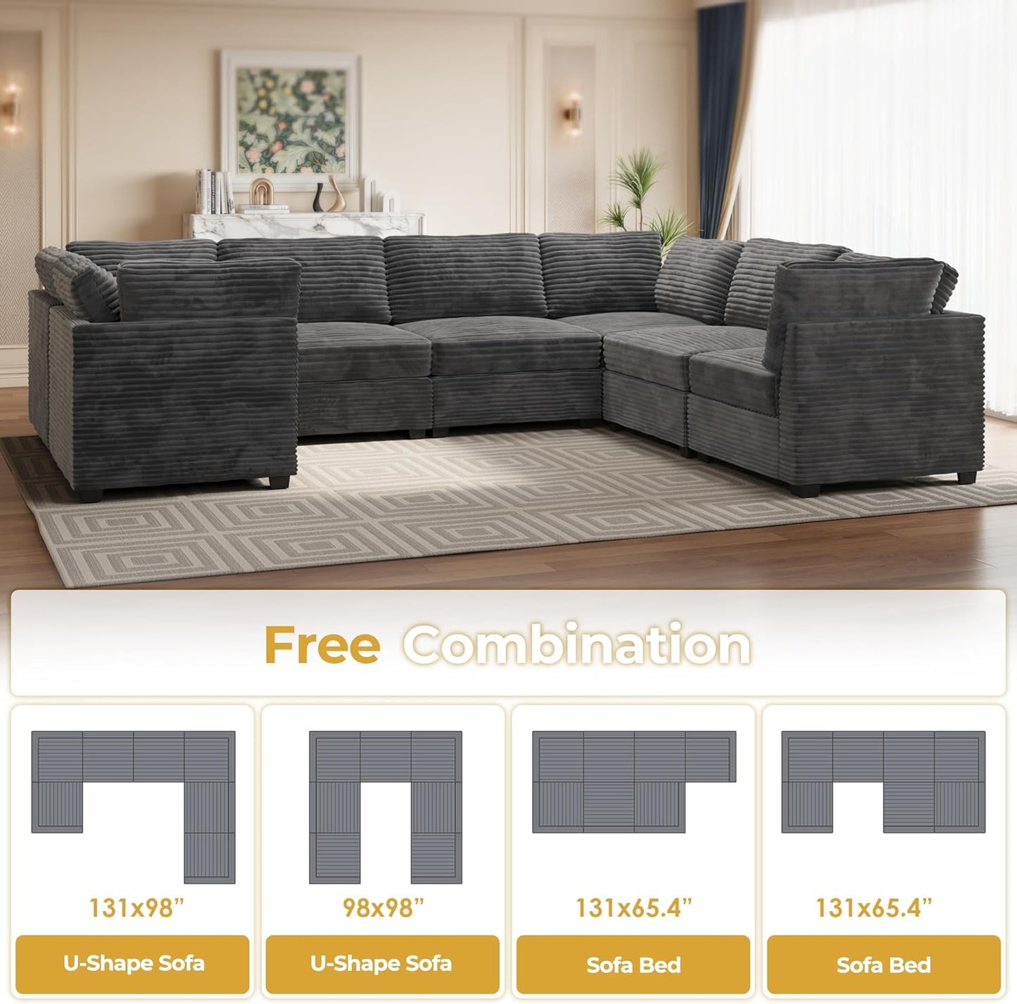 HOOOWOOO Modular Sectional Sofa,7 Pieces Sectional Couches for Living Room,131X98 U Shaped Cloud