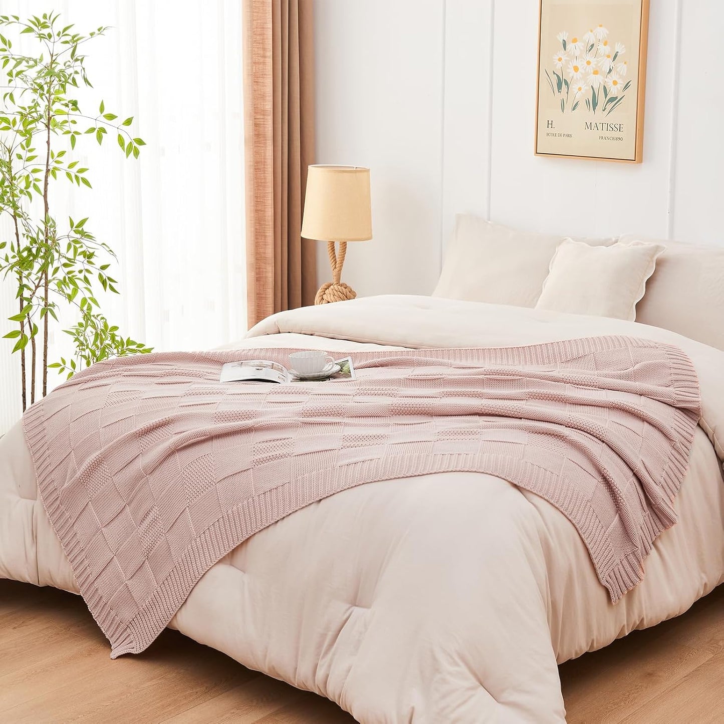 CozeCube Check Knit Throw Blanket, Pink Checkered Throw for Couch, Decorative Christmas Soft Cozy