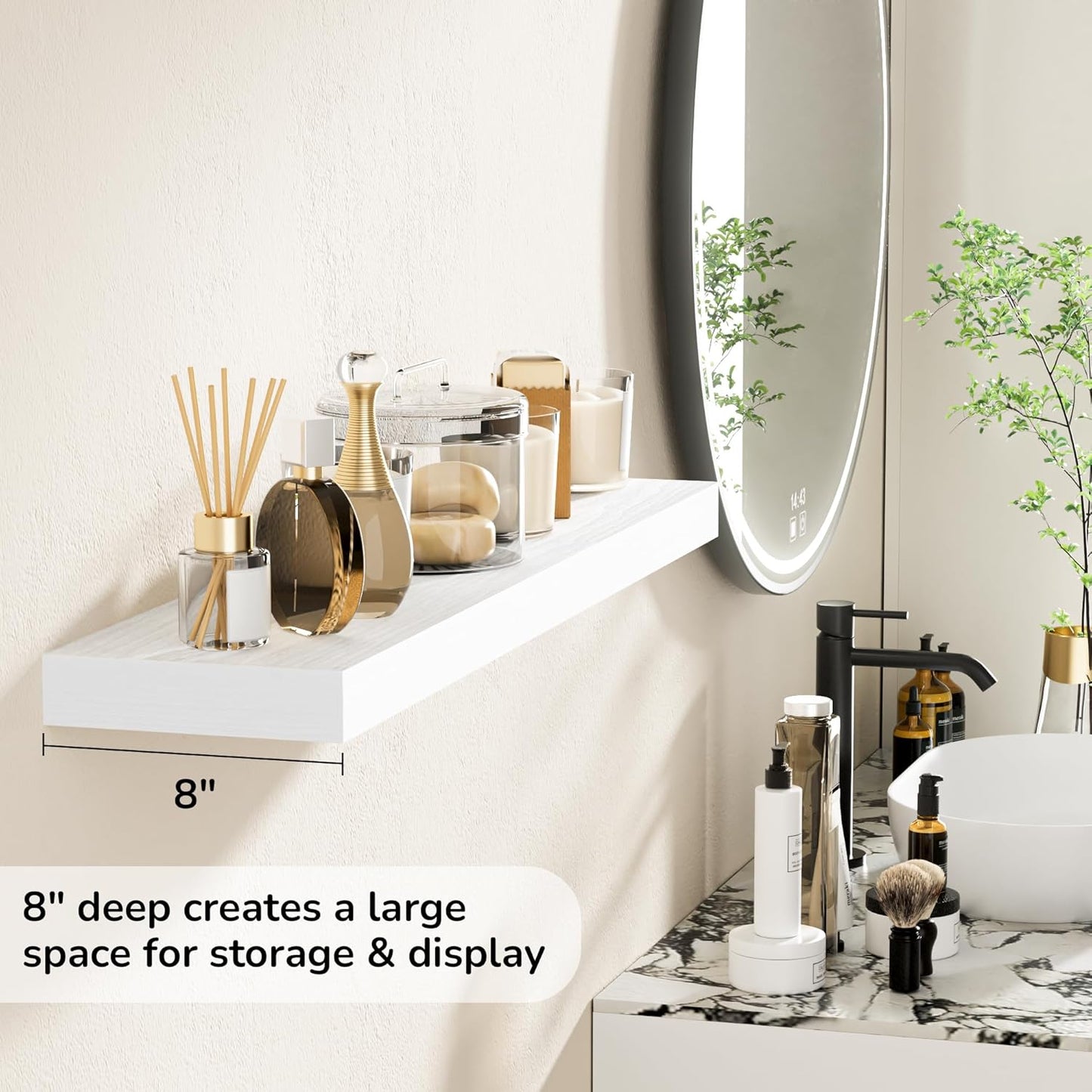 Fun Memories 36 Inch Floating Shelves - Deep Rustic White Wooden Wall Shelves - Extra Deeper &