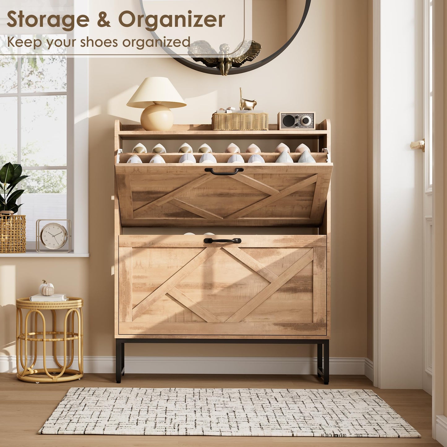 Nicetree Shoe Storage Cabinet with 2 Flip Drawers, Entryway Organizer, Oak