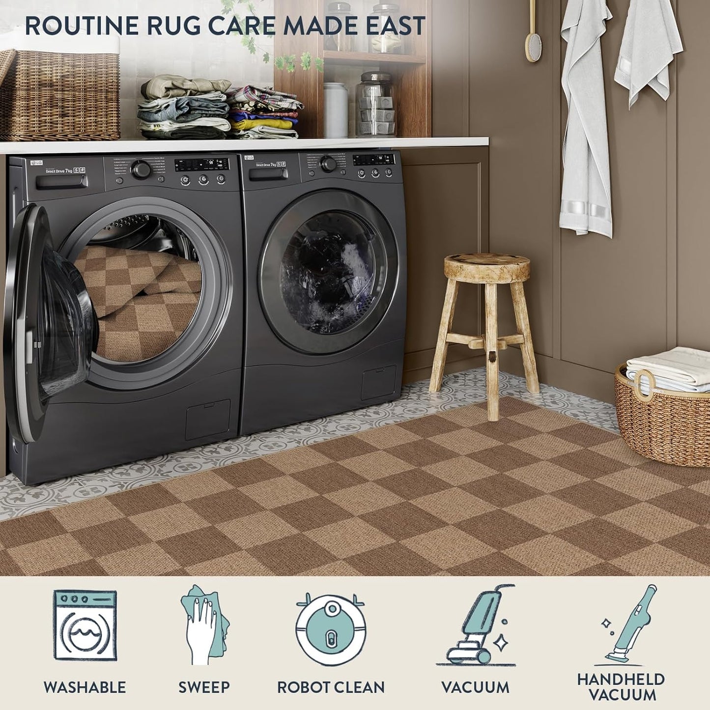 Lahome Checkered Easy Jute Kitchen Runner, 2x8 Washable Indoor Outdoor Runner Rug, Checkerboard Non