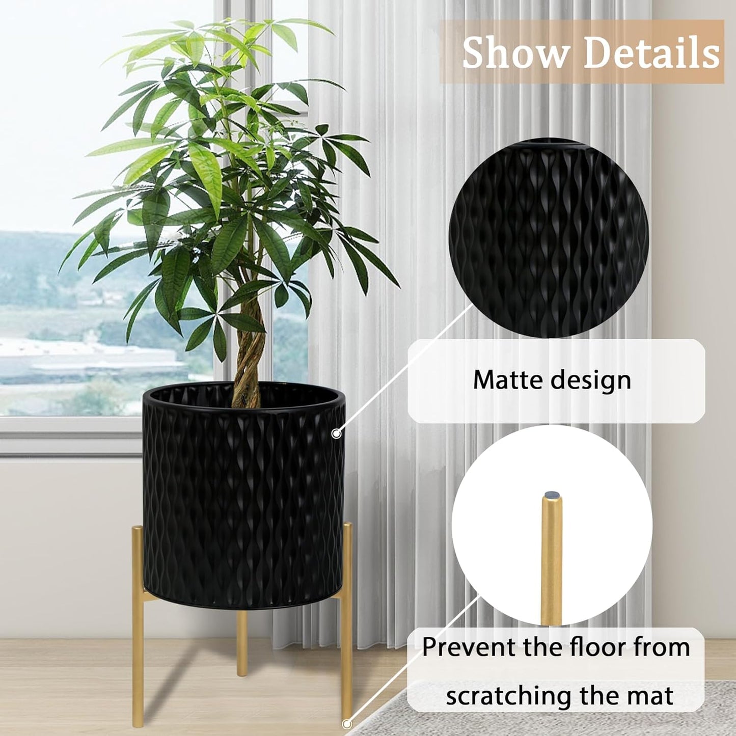 ARNIS Plants Pots with Stand, Set of 2 Planters, Unique Mid Century Decorative Metal Flower Pots
