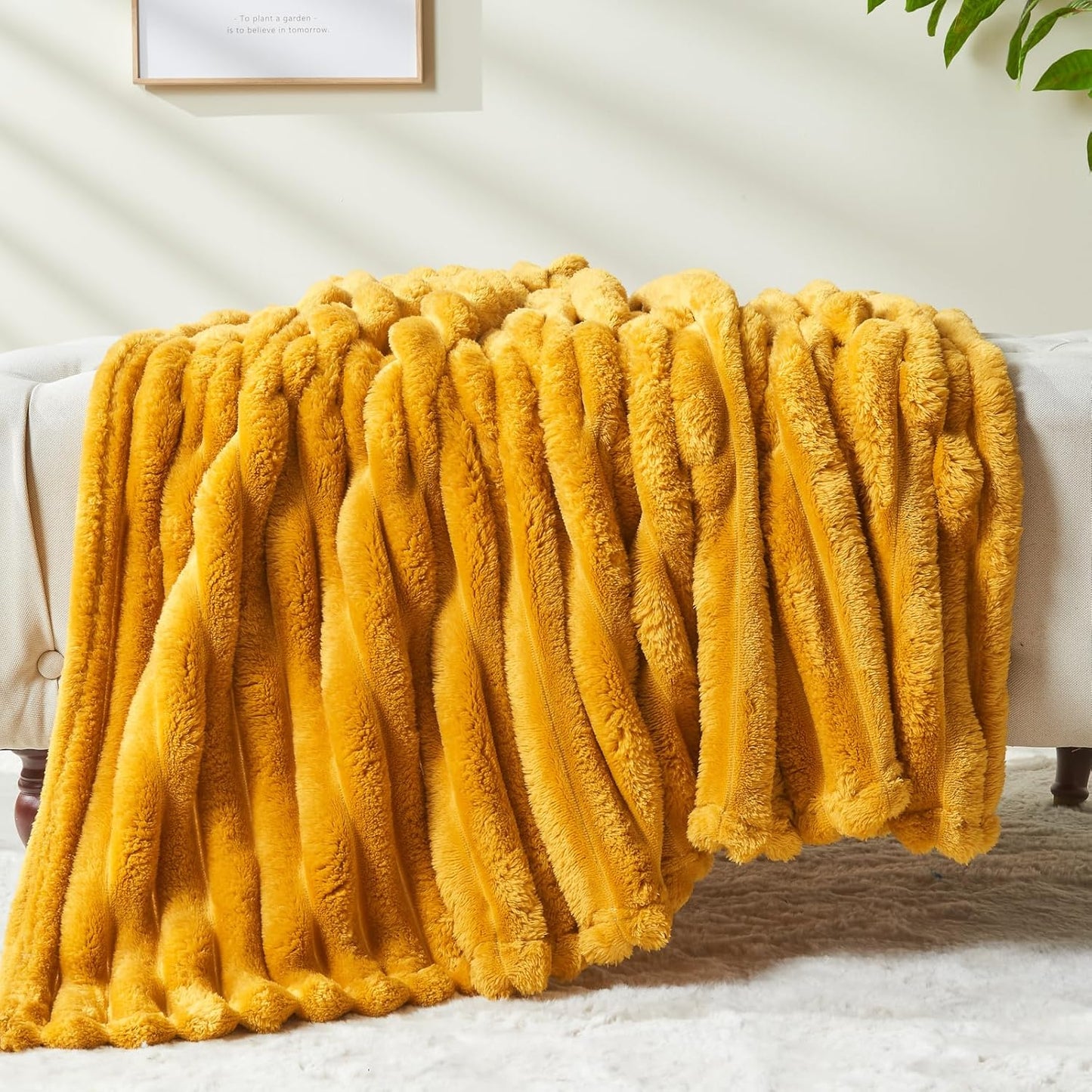 NEWCOSPLAY Super Soft Throw Blanket Mustard Yellow Premium Silky Flannel Fleece 3D Ribbed Jacquard