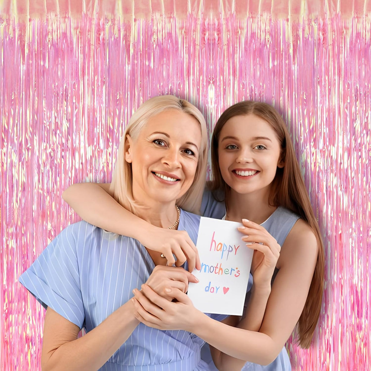 BRAVESHINE Clear Pink Streamers Party Decorations Iridescent Foil Fringe Backdrop - 2 Pack 3.2 x