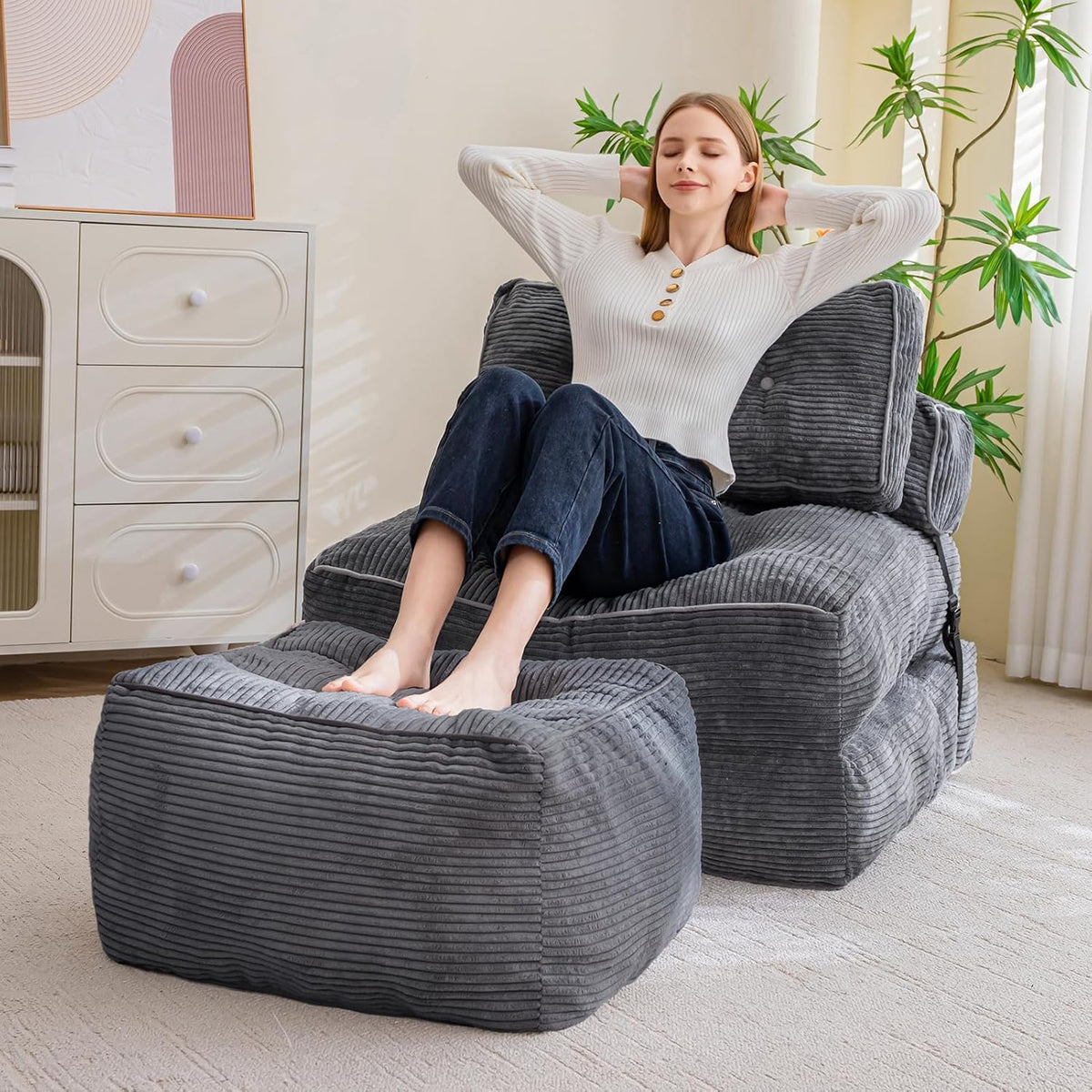 HIGOGOGO Square Stuffed Pouf Ottoman, Corduroy Poufs with Foam Chunk Filling, Furry and Fluffy Pouf