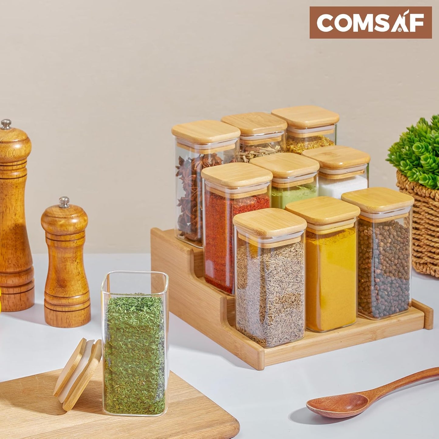 ComSaf 12Pcs Glass Spice Jars with Bamboo Lid, 10oz Airtight Square Containers with 275 Black