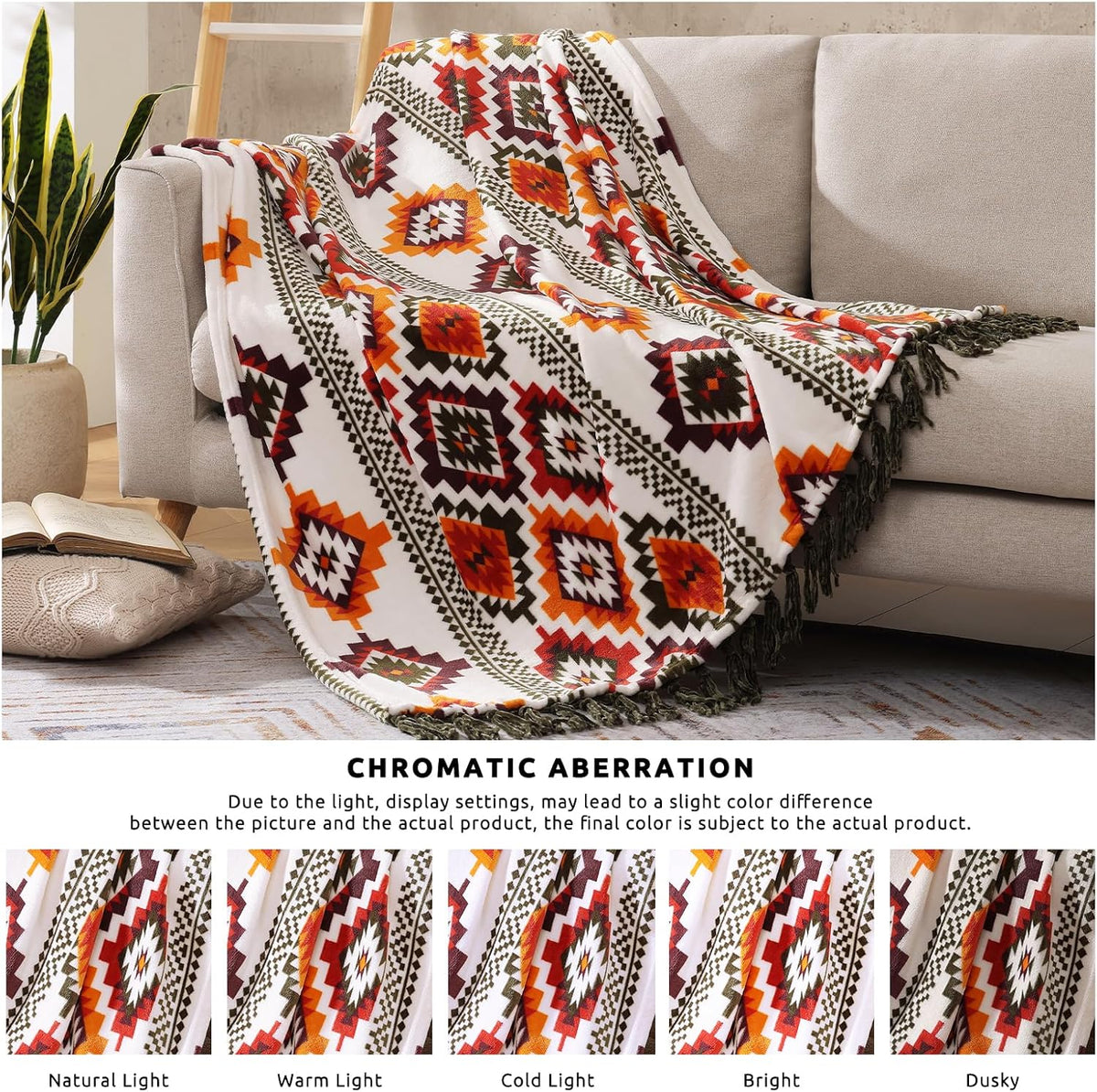 CASAAGUSTO Boho Throw Blanket - Orange and Green Decorative Blankets with Tassel, Printed Flannel