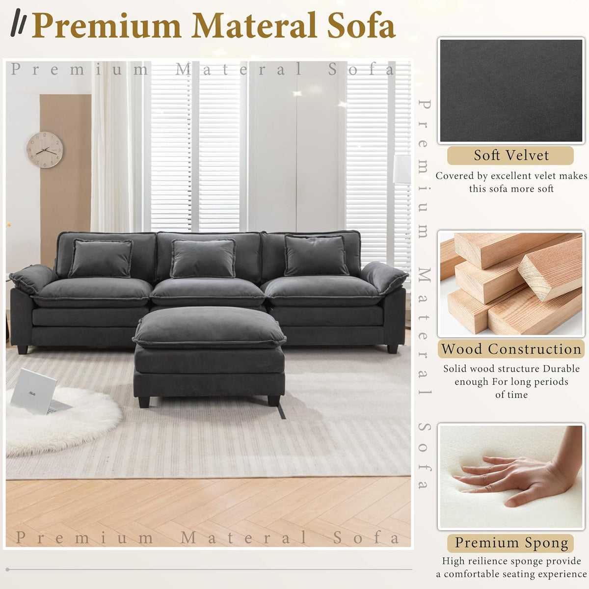 URRED Modular Sectional Sofa Comfy Cloud Couch, Modern Velvet Sofa Sleeper Deep Seat Couches with