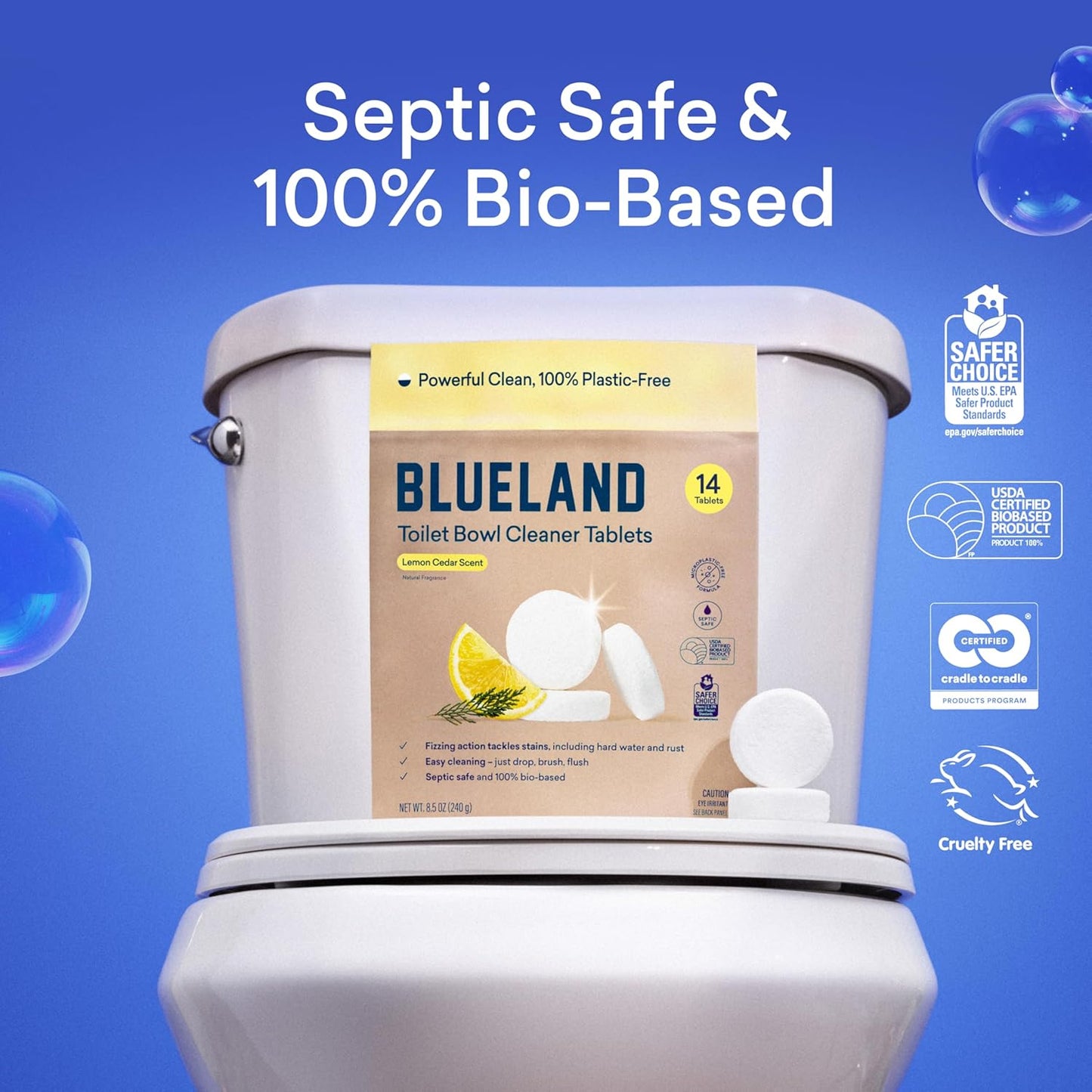 BLUELAND Toilet Bowl Cleaner Tablets, 2-Pack, 28 Count, Lemon Cedar, Plastic-Free, No Harsh