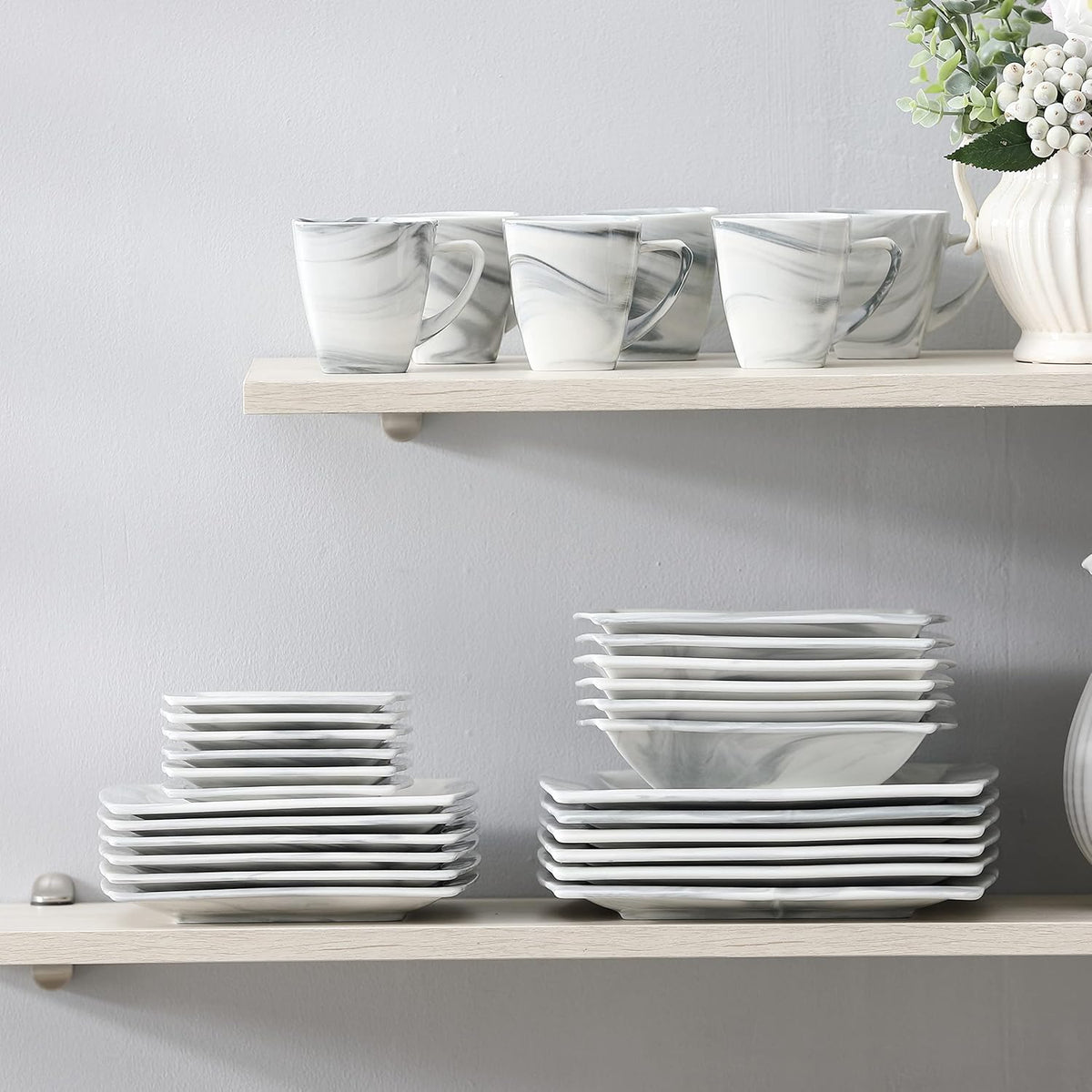 MALACASA Dinnerware Sets, 30 Piece Porcelain Plates and Bowls Sets for 6, Square Dish Set with