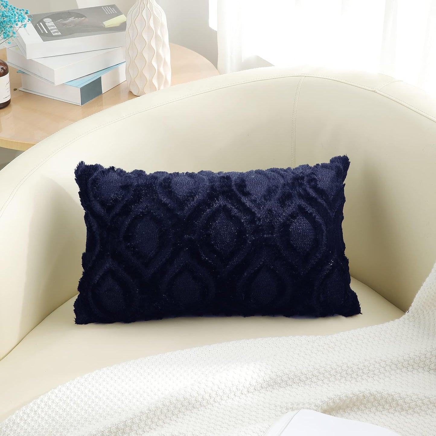 decorUhome Fall Throw Pillow Covers 12x20 Inch Set of 2, Soft Plush Decorative Faux Fur Navy Blue