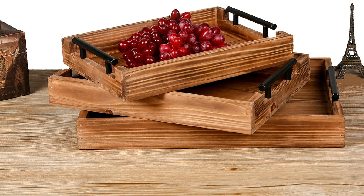 3 Piece Coffee Table Tray Decorative Nested Vintage Wood Serving Tray Set for Eating, Breakfast