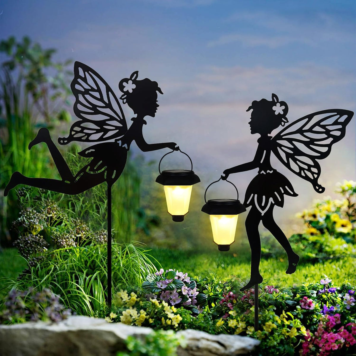 Solar Fairy Garden Stake Decorative Lantern, 2 Pack Metal Fairy Angel Garden Silhouette Lights for
