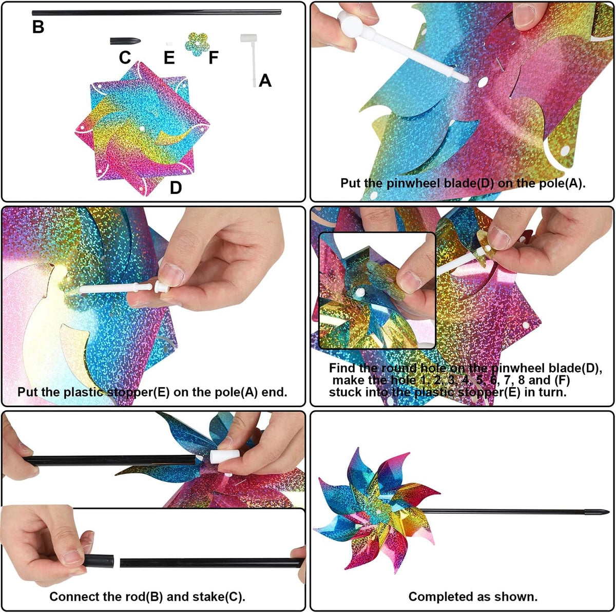 Hausse 10 Pack Reflective Pinwheels Wind Spinner, Extra Sparkly Rainbow Pinwheel with Stakes, Bird