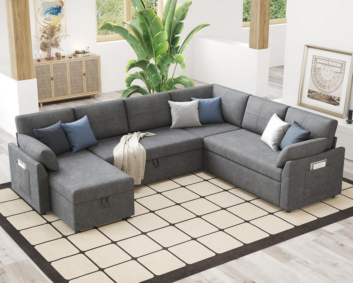 VanAcc Pull Out Sofa, 112 Inch Oversized U Shape Sleeper Sofa Couch with Storage Chaise & 3 Seater