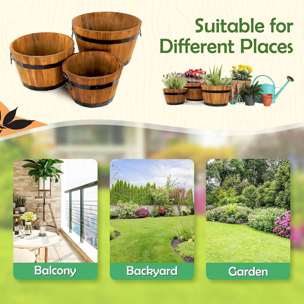 IDZO Set of 3 Wooden Flower Boxes Outdoor, Durable Acacia Wood Barrel Planters for Outdoor Plants