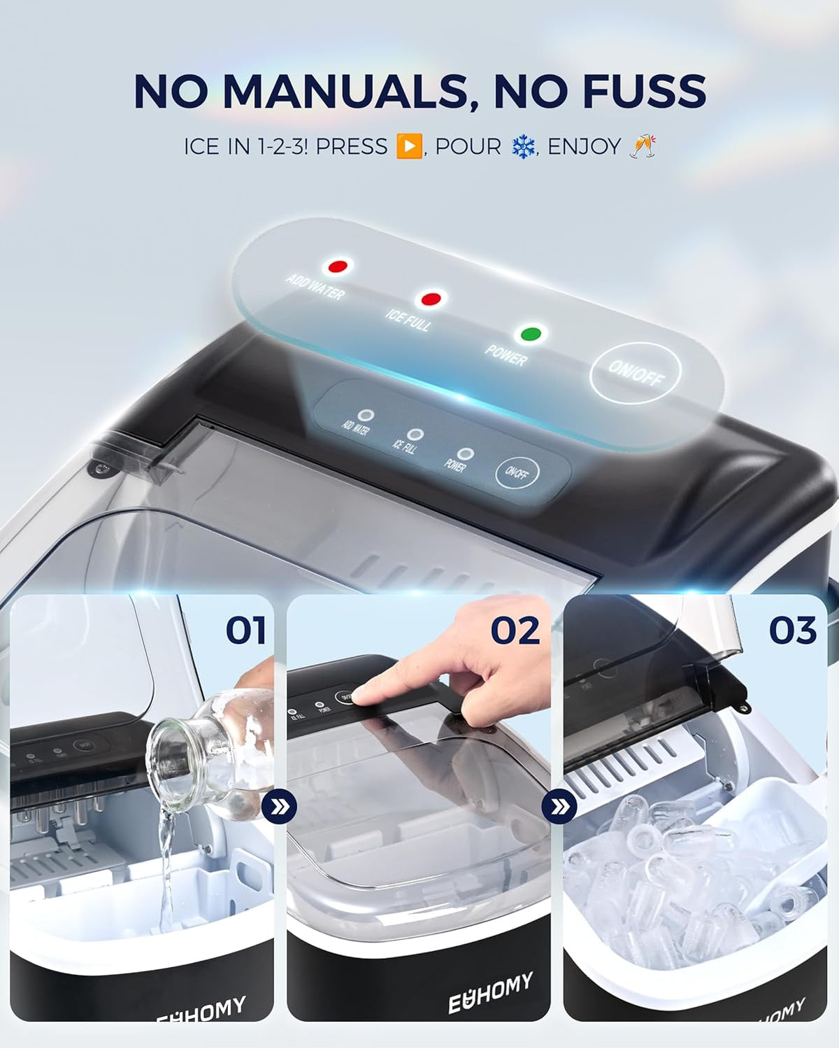 EUHOMY Countertop Ice Maker Machine with Handle, 26lbs in 24Hrs, 9 Ice Cubes Ready in 6 Mins