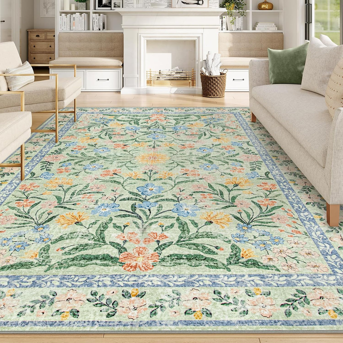 Wonnitar Machine Washable Area Rugs 9x12, Soft Sage Green Floral Rug for Living Room Bedroom