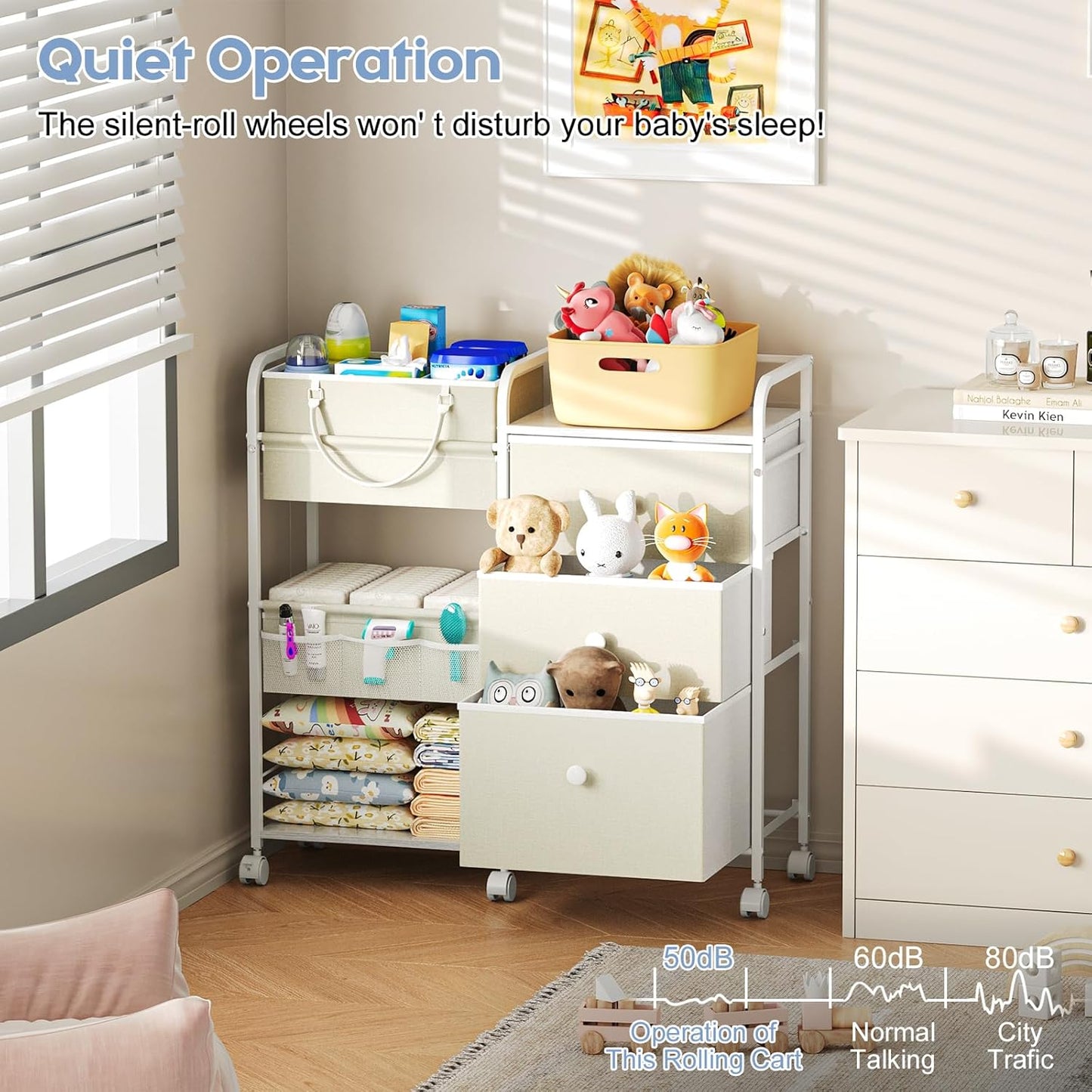 2In1 Baby Diaper Caddy Organizers and Storage, 3 Tier Rolling Cart with Dividers and Drawers