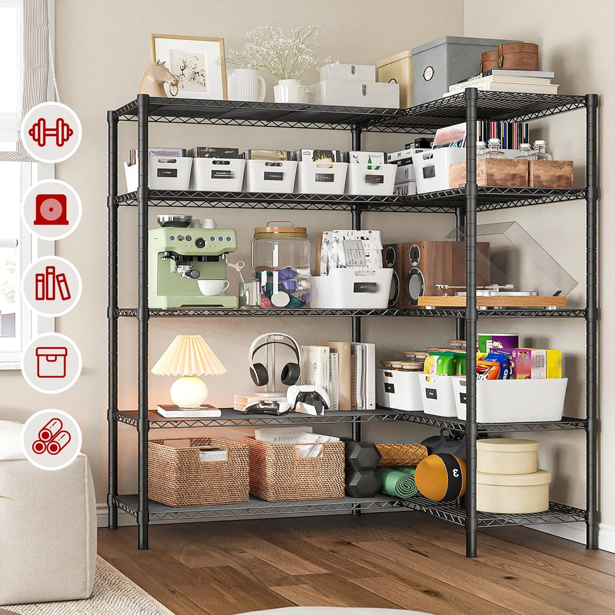 REIBII 5 Tier Wire Shelving Storage Shelves Loads 1430LBS, 58" W Metal Shelving for Storage