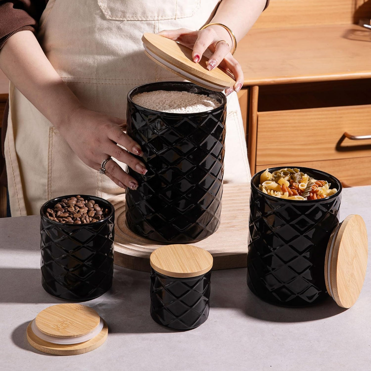 Sweejar Ceramic Canisters Sets for Kitchen Countertop, Relief Food Storage Jar with Bamboo Lid
