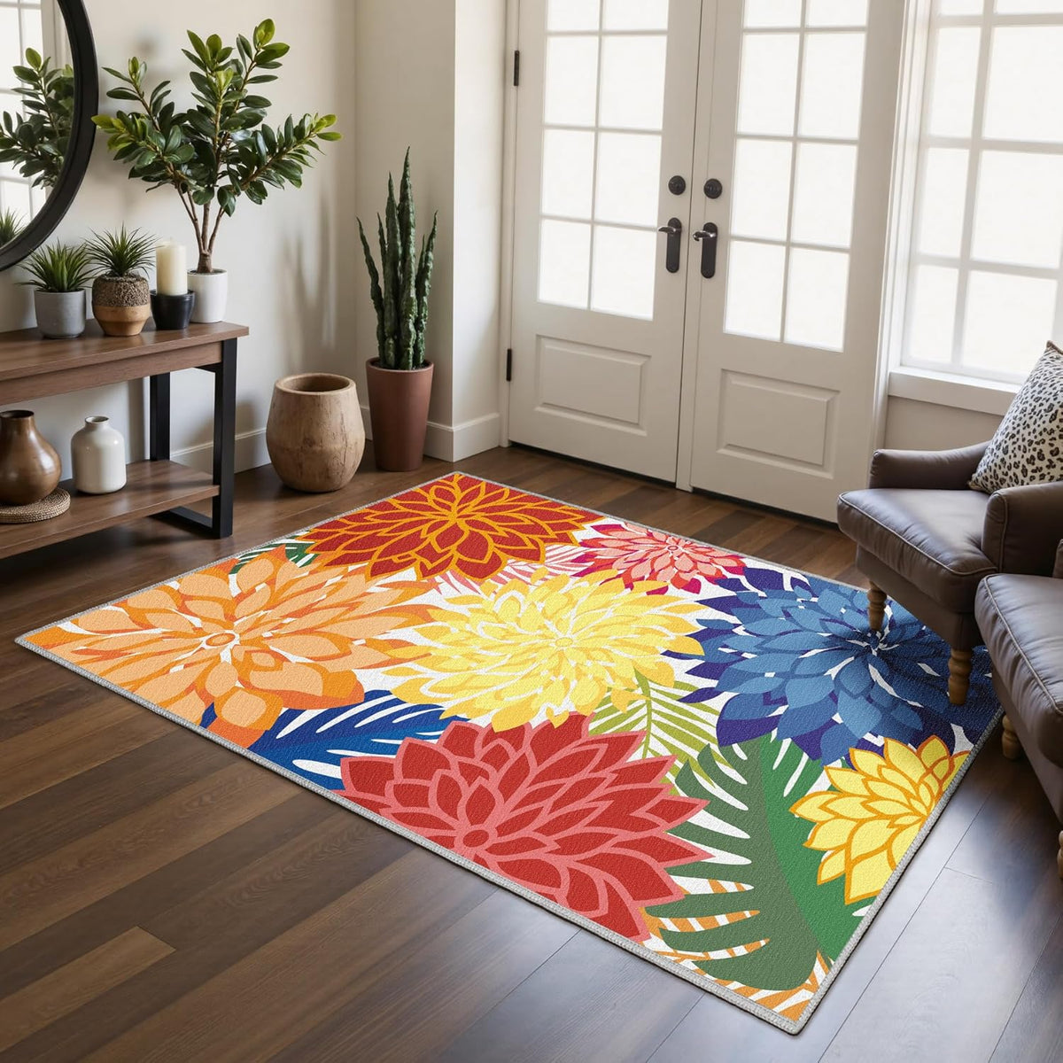 Area Rug 3x5 Washable Entry Rug Multicolored Tropical Botanical Modern Floral Indoor Kitchen Door