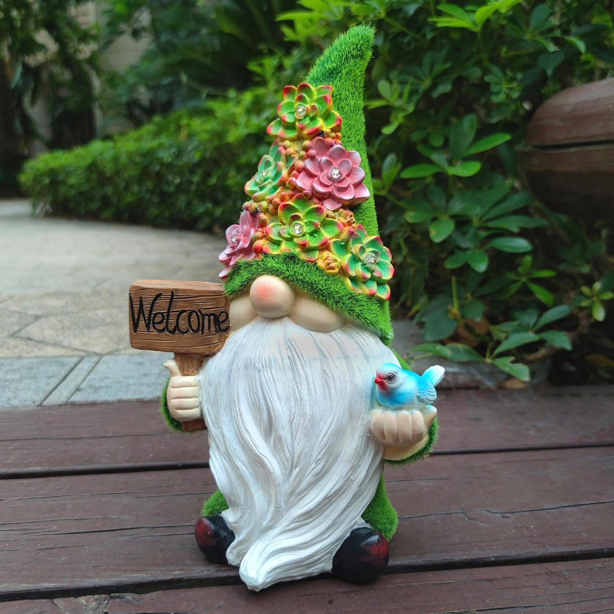 Solar Gnomes Garden Statues,Resin Gnome Figurine Holding Welcome Card and Bird with Solar Lights
