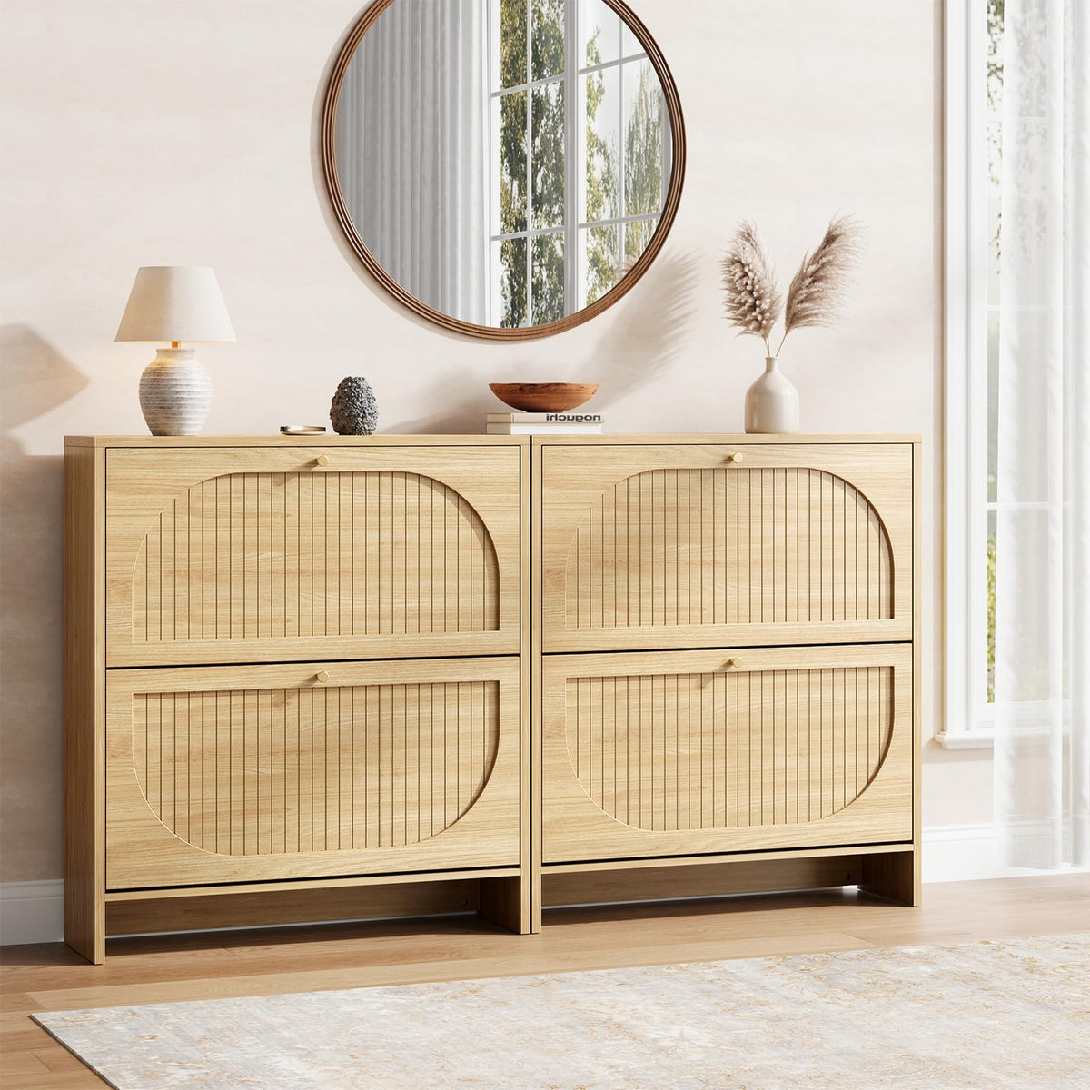 Nicetree Arch-Chic Shoe Cabinet for Entryway, Modern Mid-Century Shoe Storage Cabinet with Fluted
