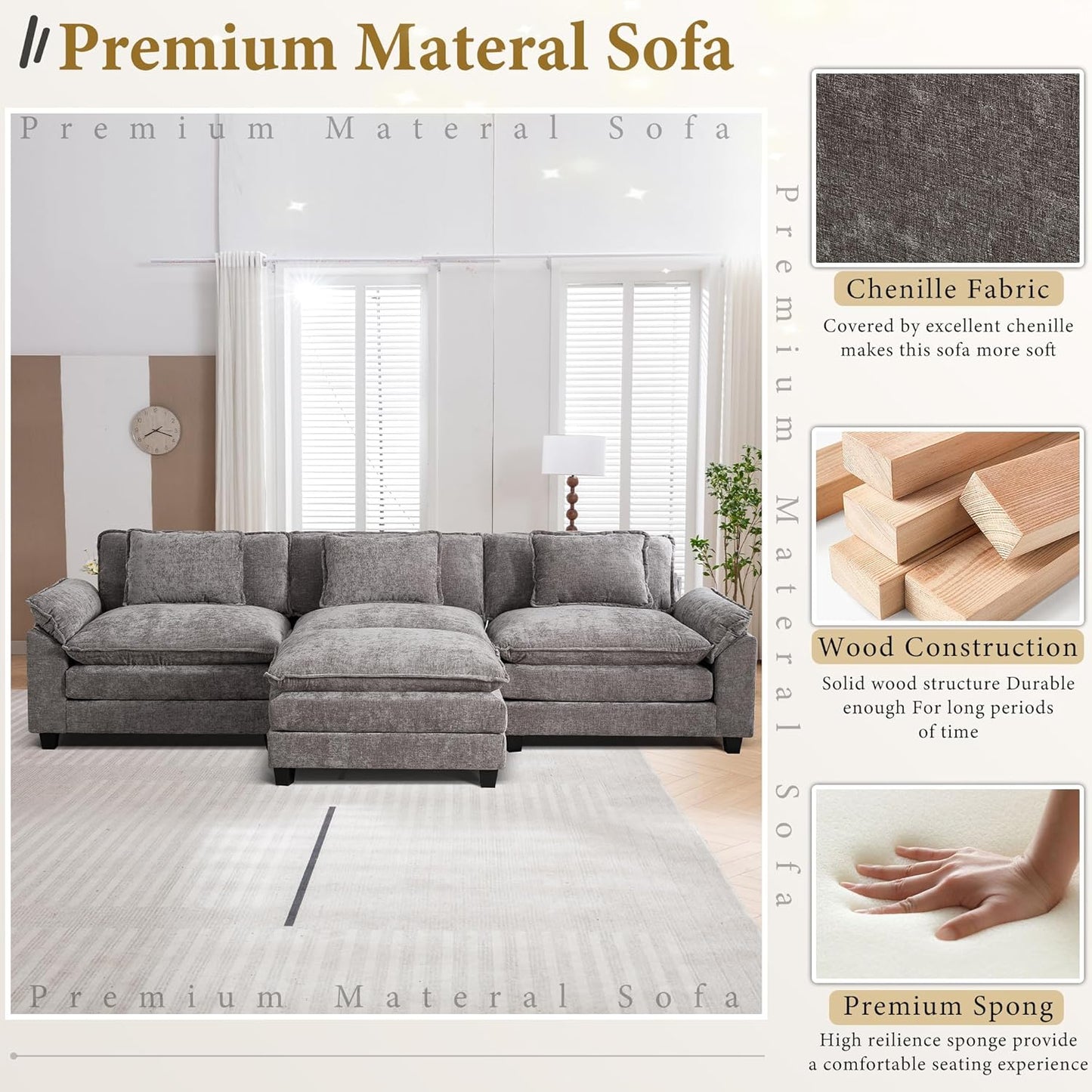 URRED Modular Sectional Sofa Comfy Cloud Couch, Modern Chenille Sofa Sleeper Deep Seat Couches with
