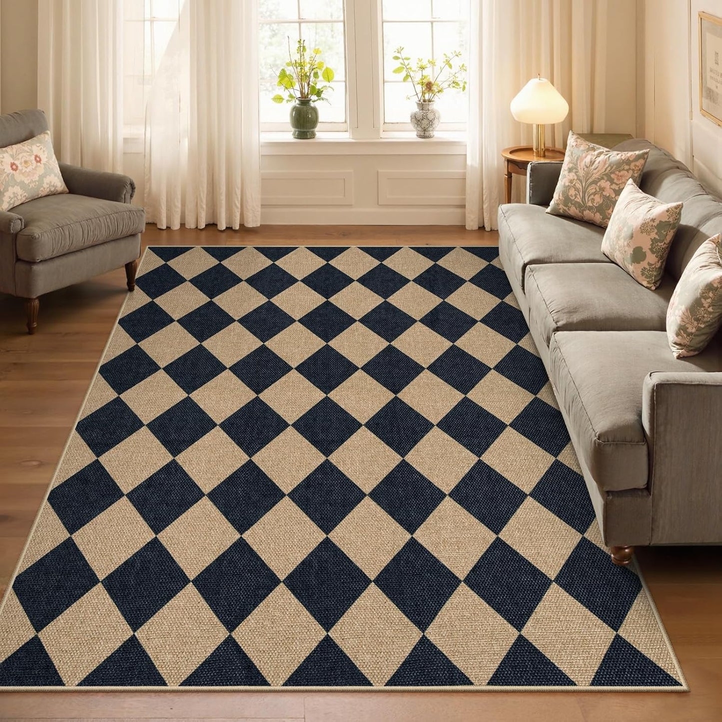 Lahome Checkered Easy Jute 5x7 Area Rugs, Washable Outdoor Patio Rug for Living Room Diamond Indoor