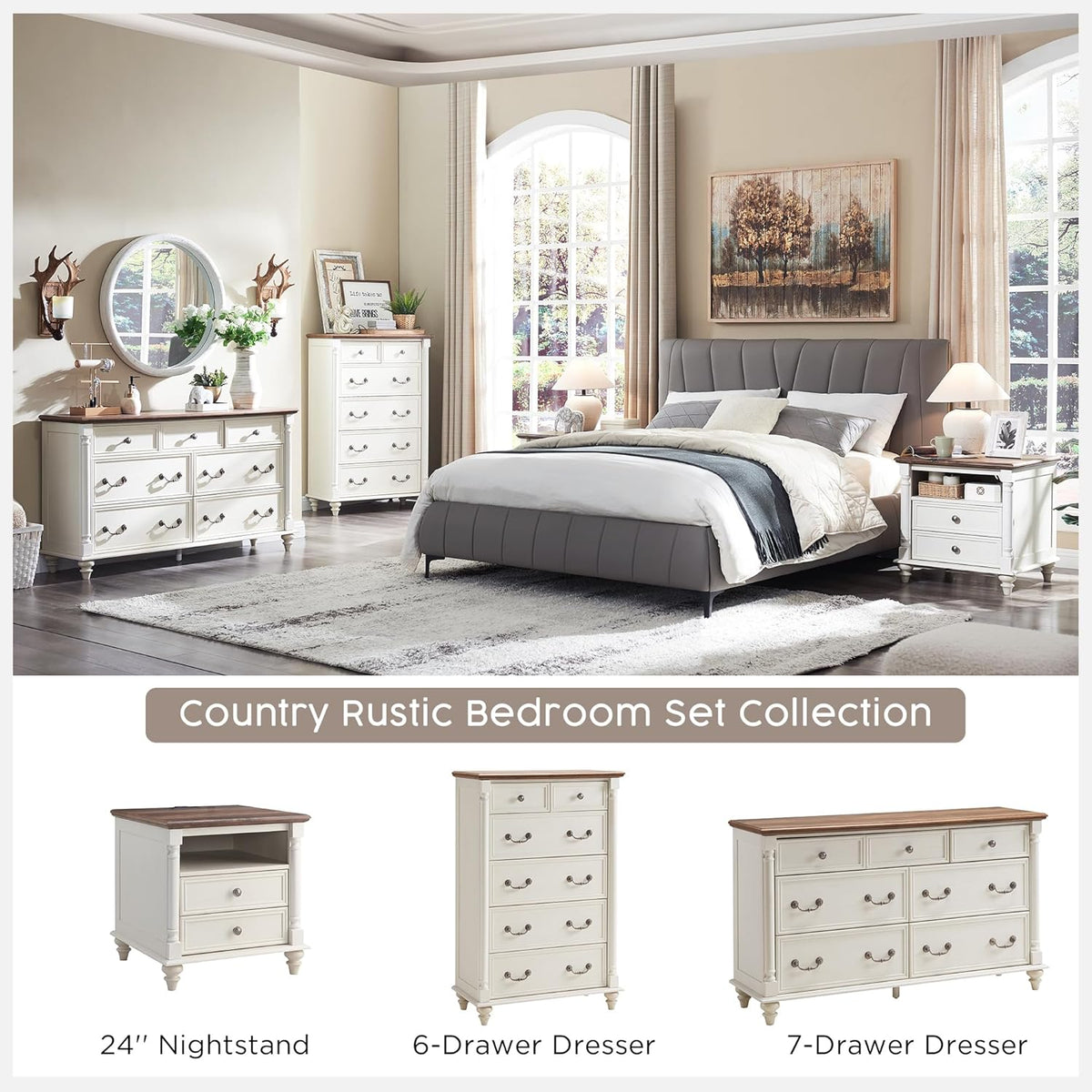 T4TREAM 24'' Farmhouse End Table w/4 Solid Wood Feet, Large 2 Drawers Wide Sofa Side Table with