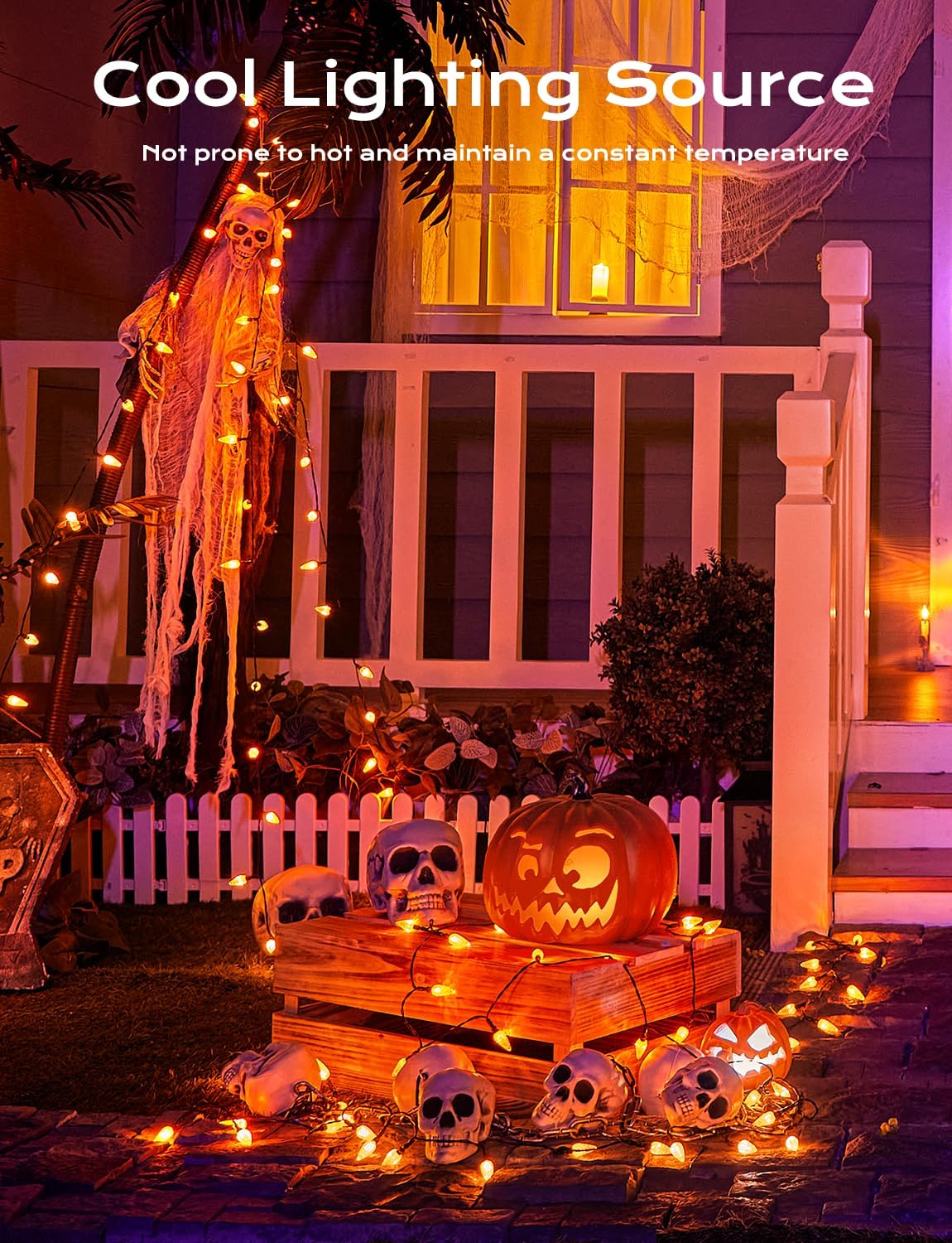 Brightown Solar Operated C6 Halloween Outdoor Lights, 22.64ft 50 LEDs Orange Halloween Lights