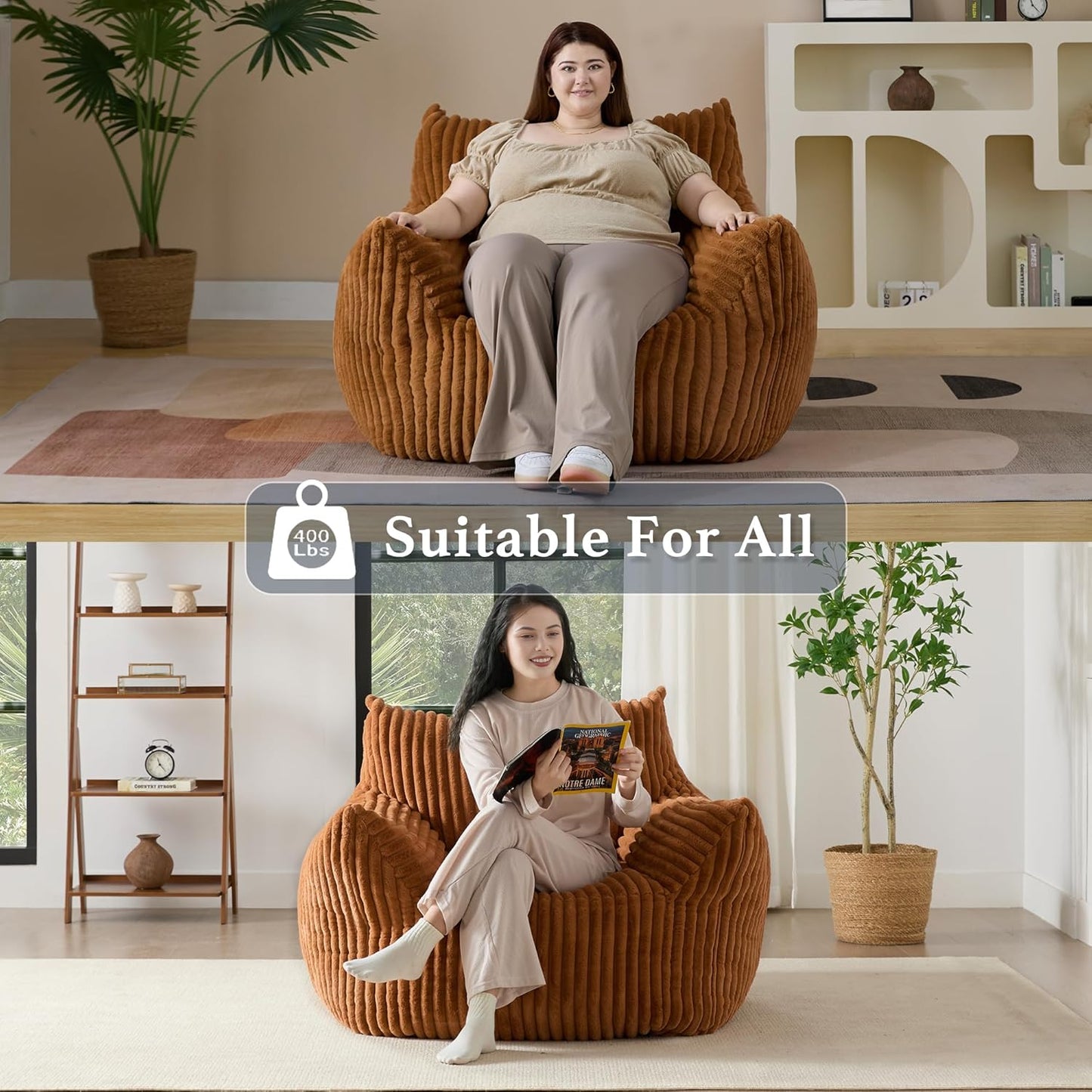 Giant Plush Bean Bag Chair for Adults with Armrests - Oversized Comfy Orange Beanbag Lounge Lazy