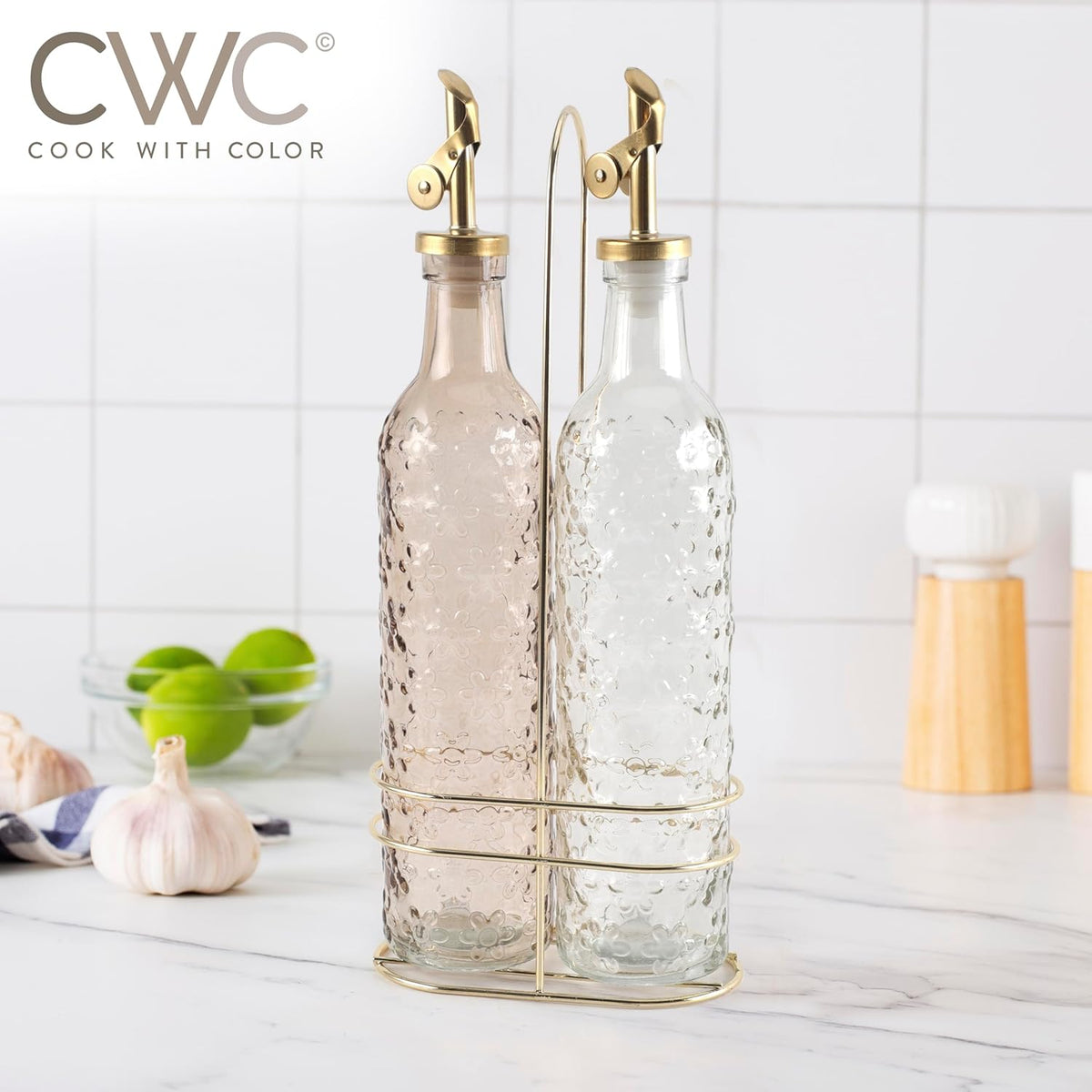 COOK WITH COLOR Glass Olive Oil Bottle Dispenser - 2 Pack- 17oz Oil and Vinegar Cruet - Olive Oil