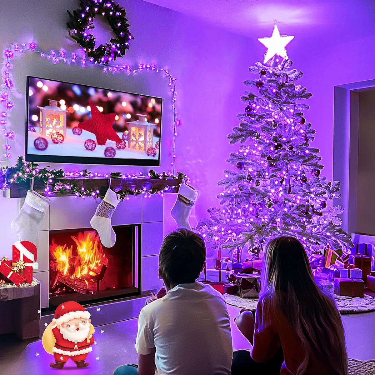 JMEXSUSS Connectable 100 LED Purple Halloween Lights Indoor, 8 Modes Plug in Purple Christmas
