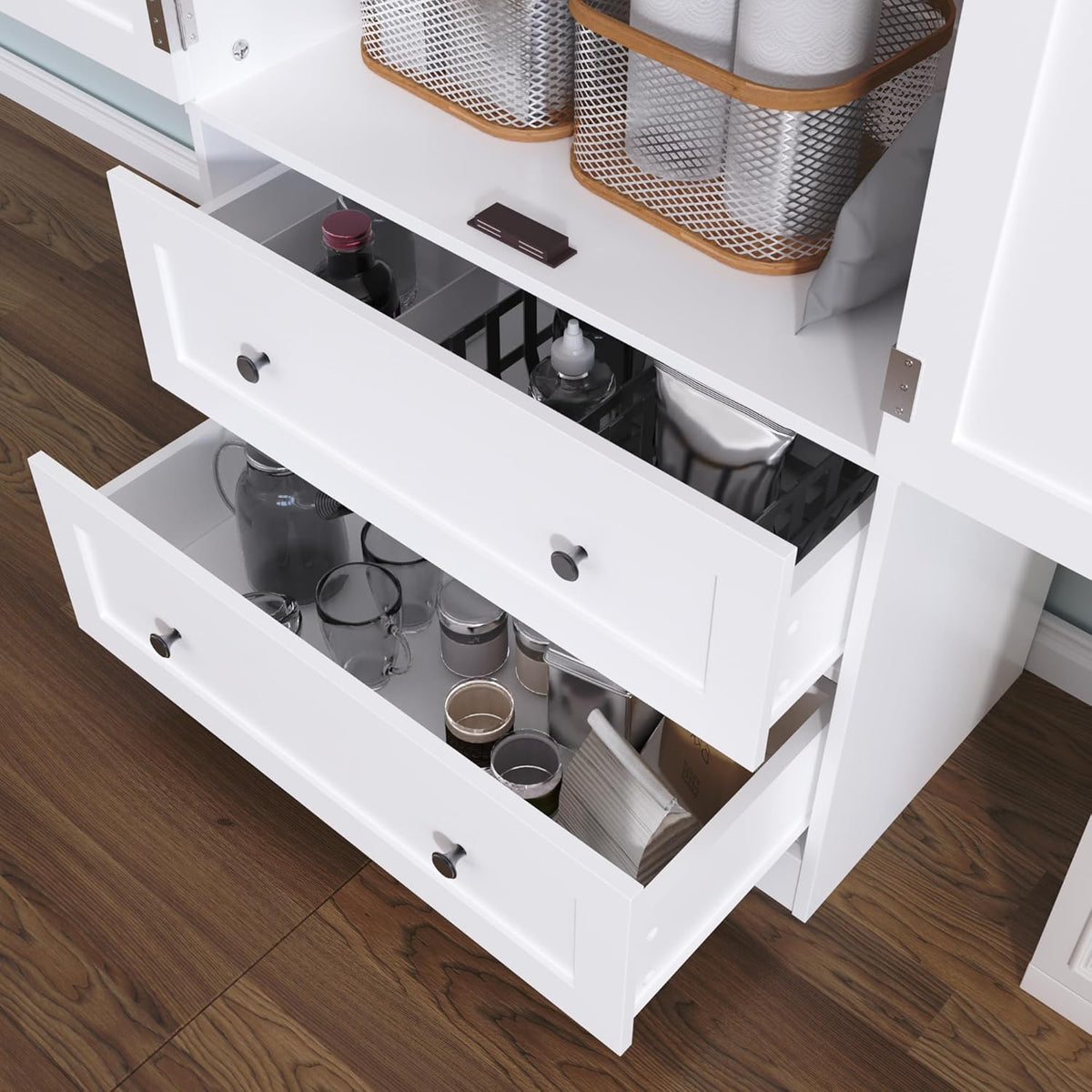 64.2" Tall White Kitchen Pantry, Storage Cabinet with Doors and Drawers, Freestanding Wooden