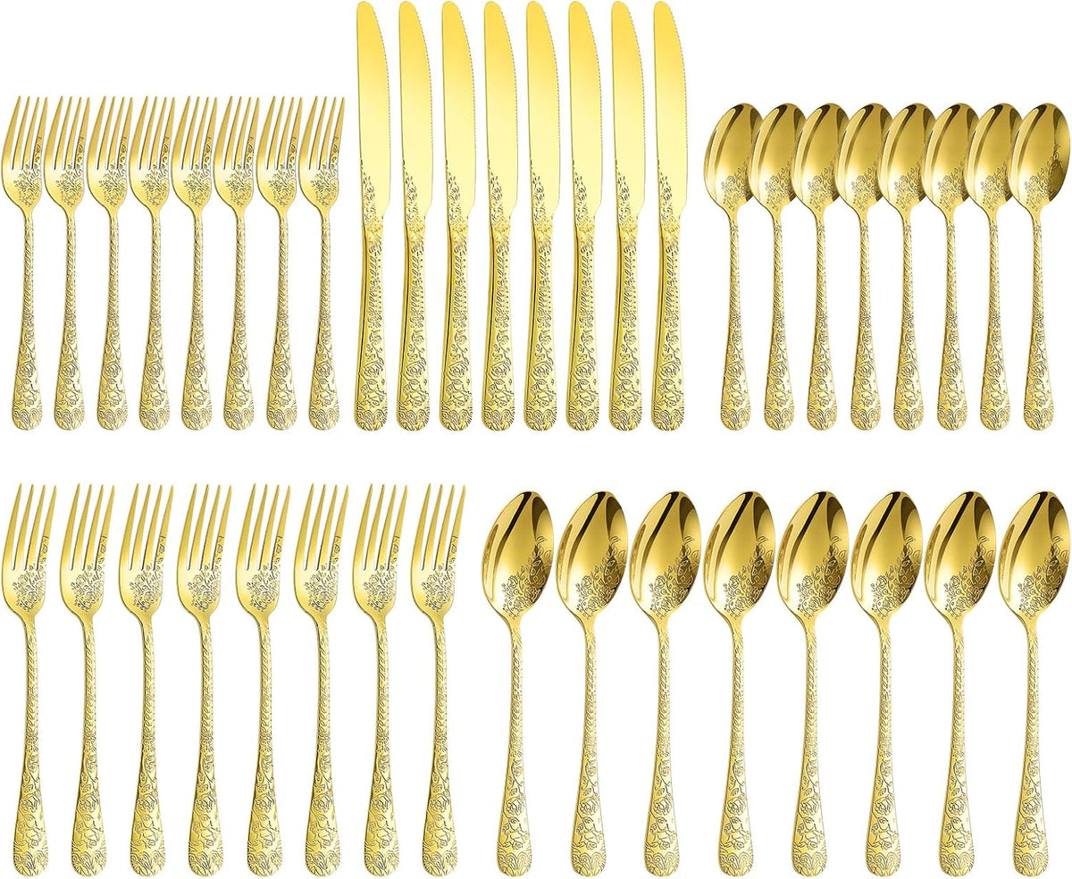 Floral 40 Pcs Gold Silverware Set for 8, Food Grade Stainless Steel Flatware Set with Rose Flower