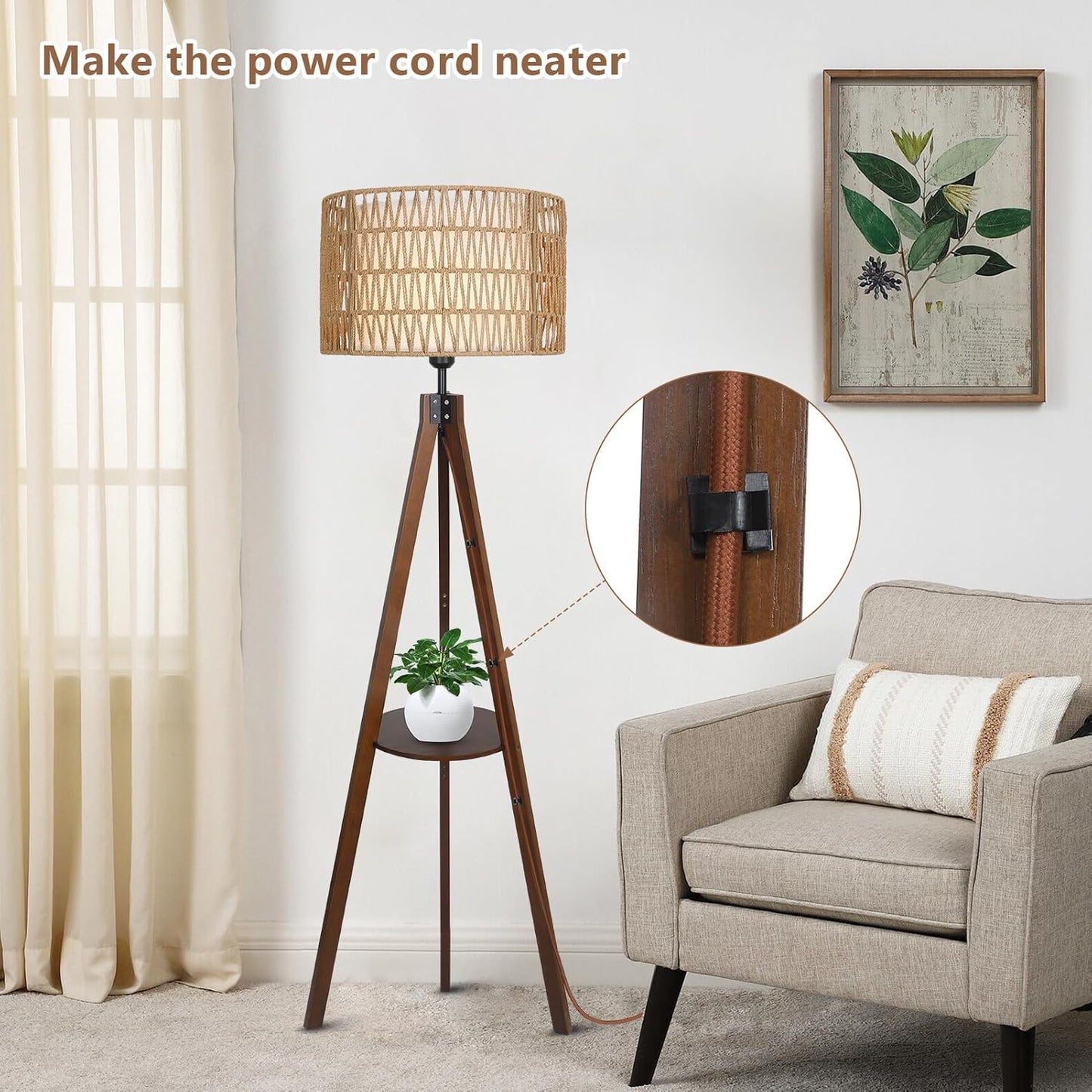 Boho Tripod Floor Lamp with Shelves, Mid Century Wood Standing Lamp with Rattan & Fabric Shades