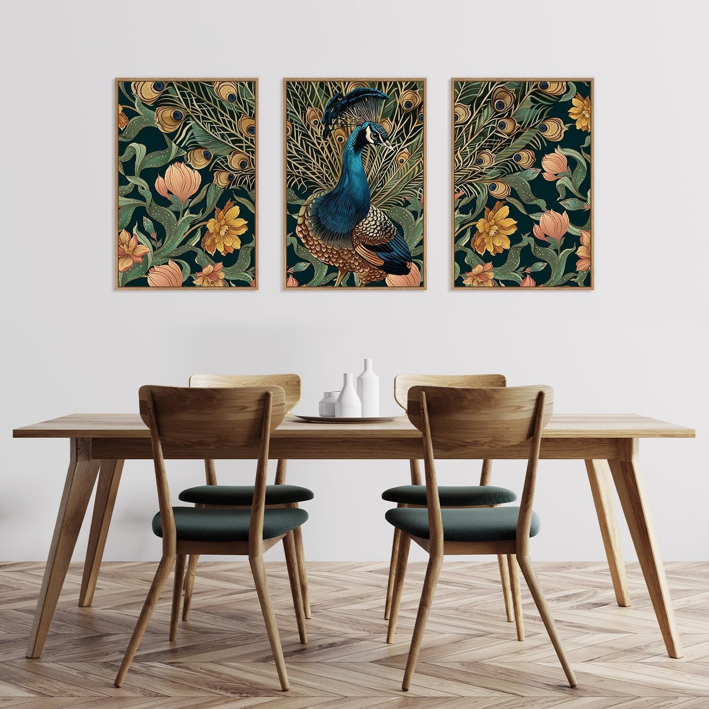 HLNIUC Peacock Framed Canvas Wall Art,Large Peacock Flower Wall Decor Set of 3(16”x24”)Modern