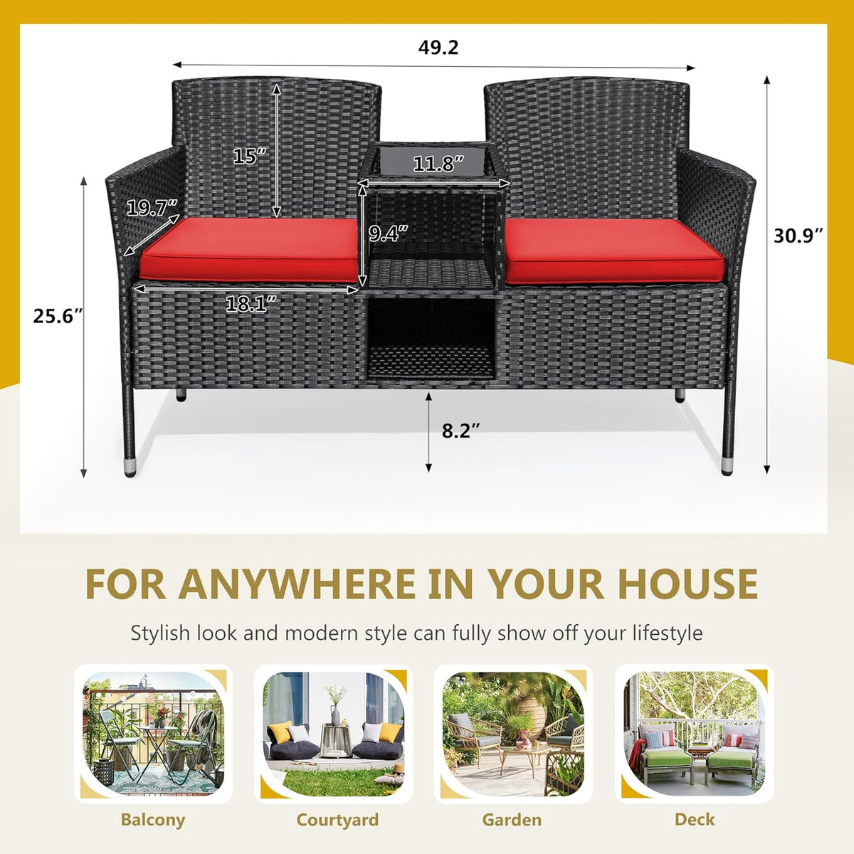 Flamaker Outdoor Furniture Patio Loveseat Wicker 2-Seat with Built-in Table and Cushions Rattan