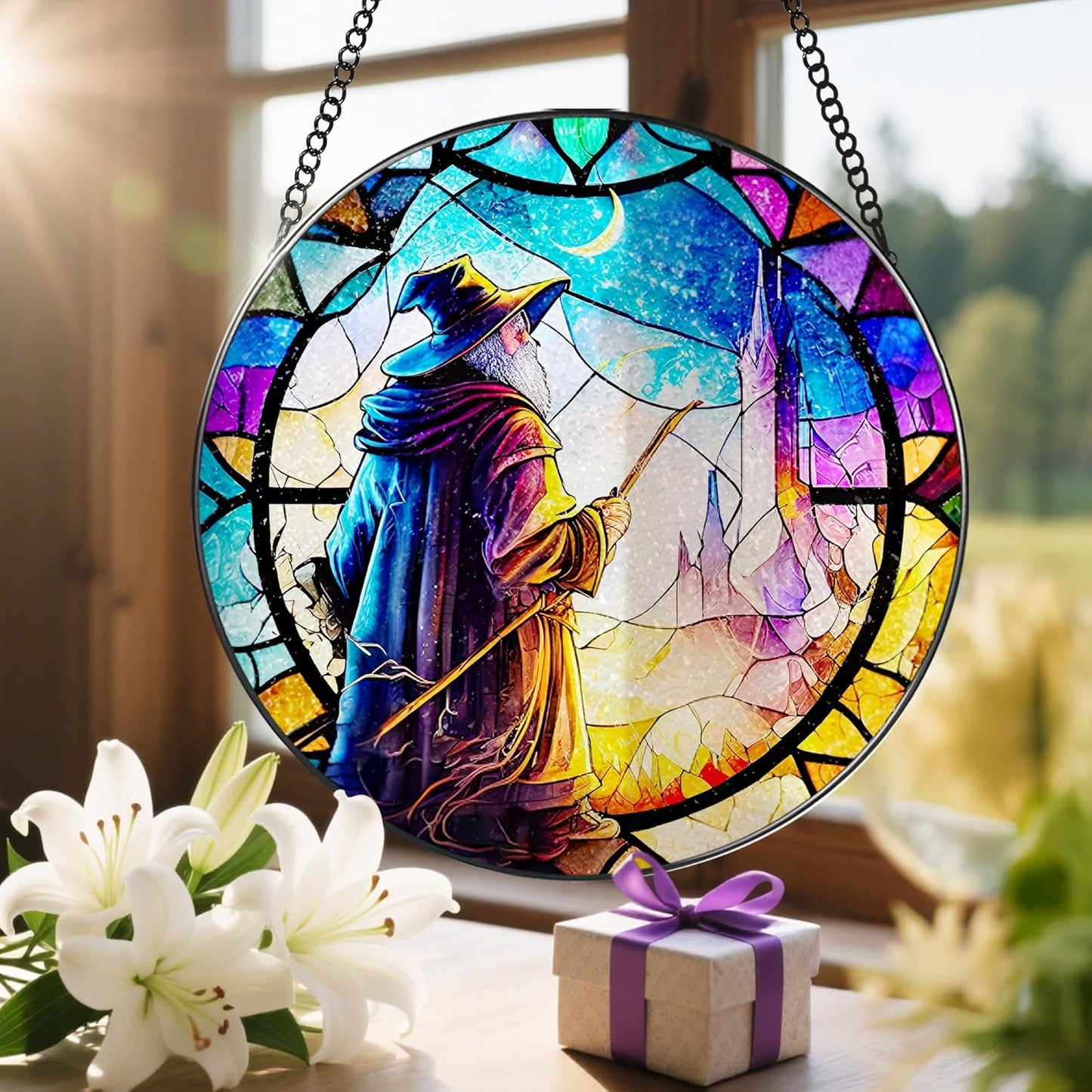 Stained Glass Window Hanging, LAOWEIKI 8'' Witch Suncatcher, Stained Glass Ornament, Suncatchers
