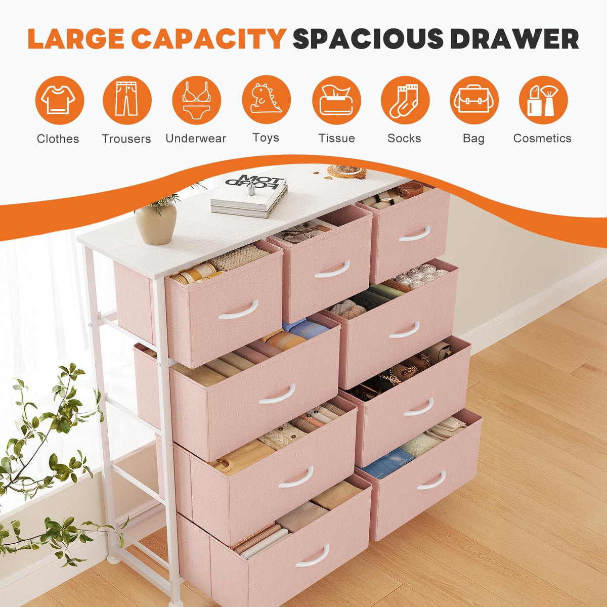 Sweetcrispy 9 Drawer Fabric Dresser Storage Tower Drawer Organizer, Pink